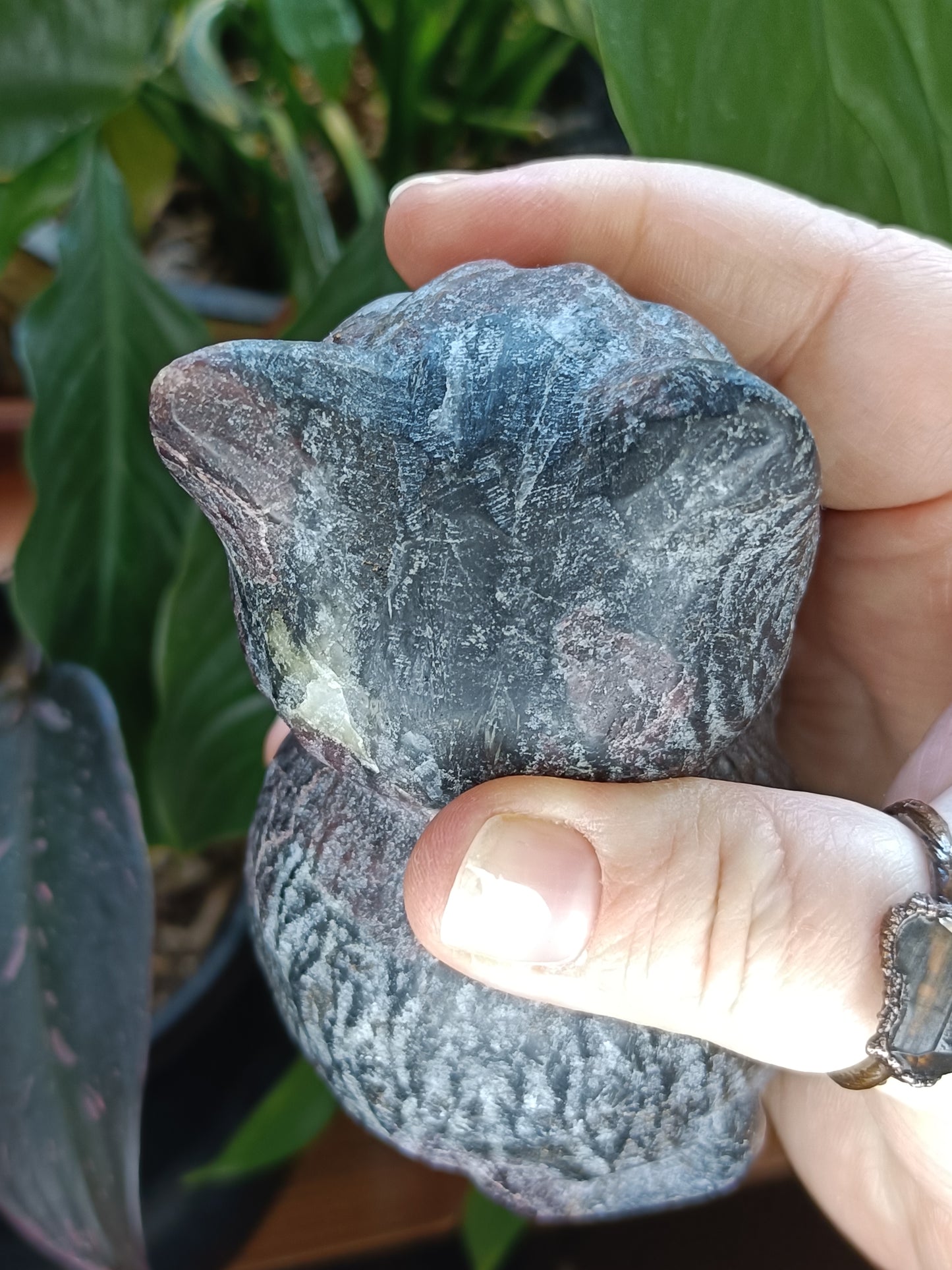 Garnet and Anthophyllite Sitting Cat Carving - 743g