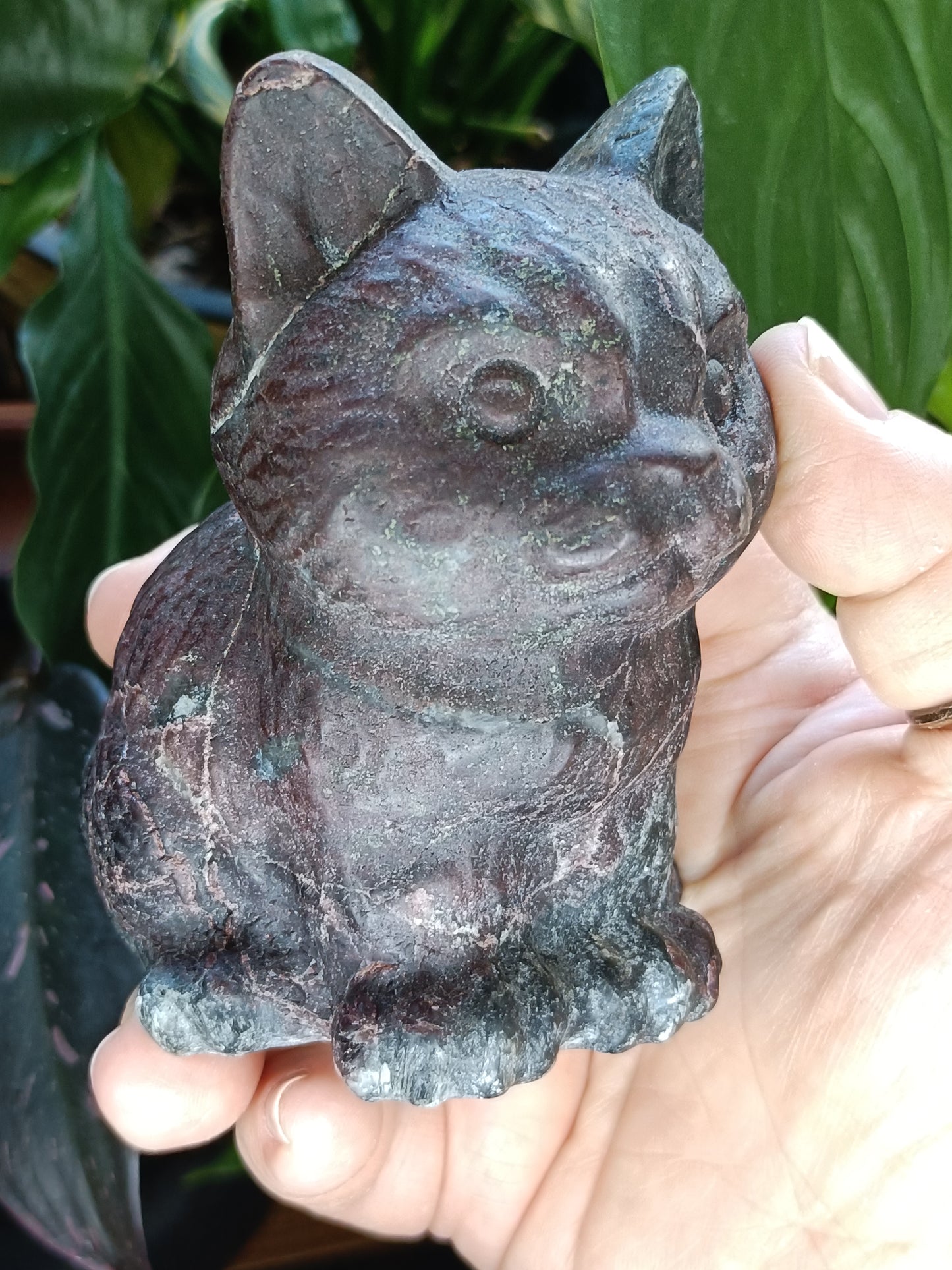 Garnet and Anthophyllite Sitting Cat Carving - 837g