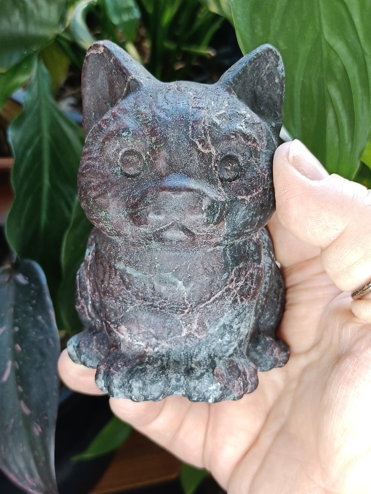 Garnet and Anthophyllite Sitting Cat Carving - 837g