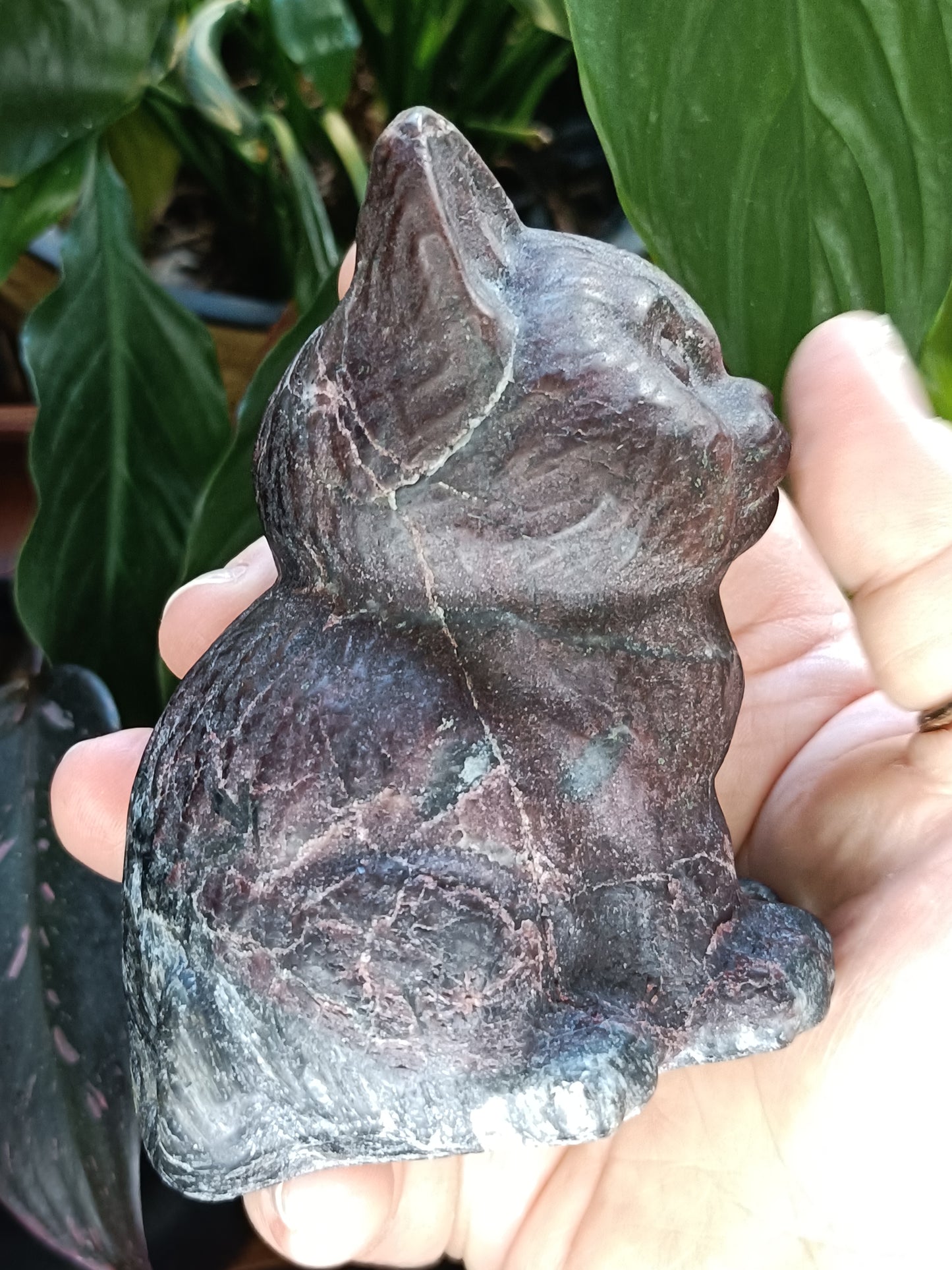 Garnet and Anthophyllite Sitting Cat Carving - 837g