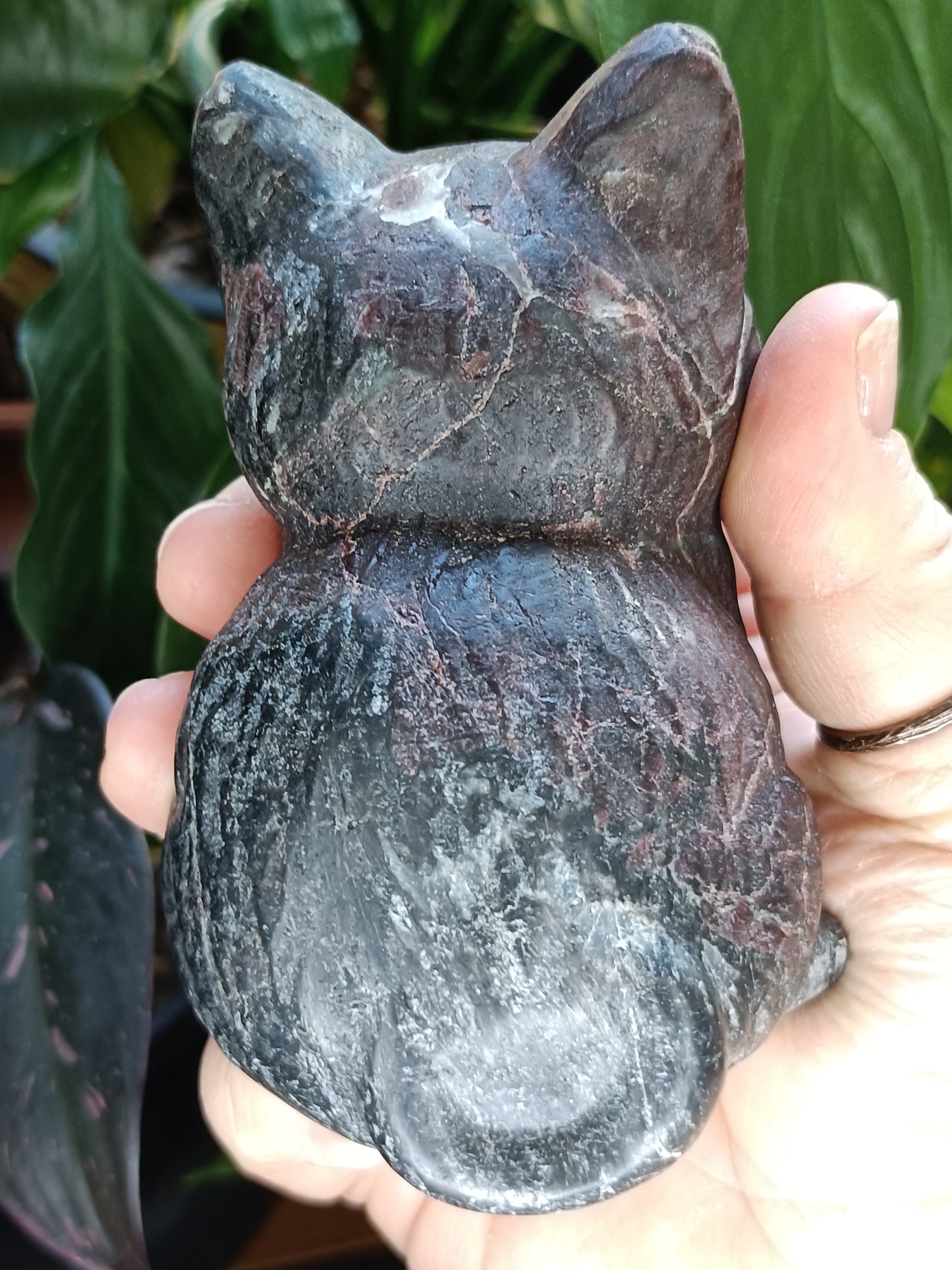 Garnet and Anthophyllite Sitting Cat Carving - 837g