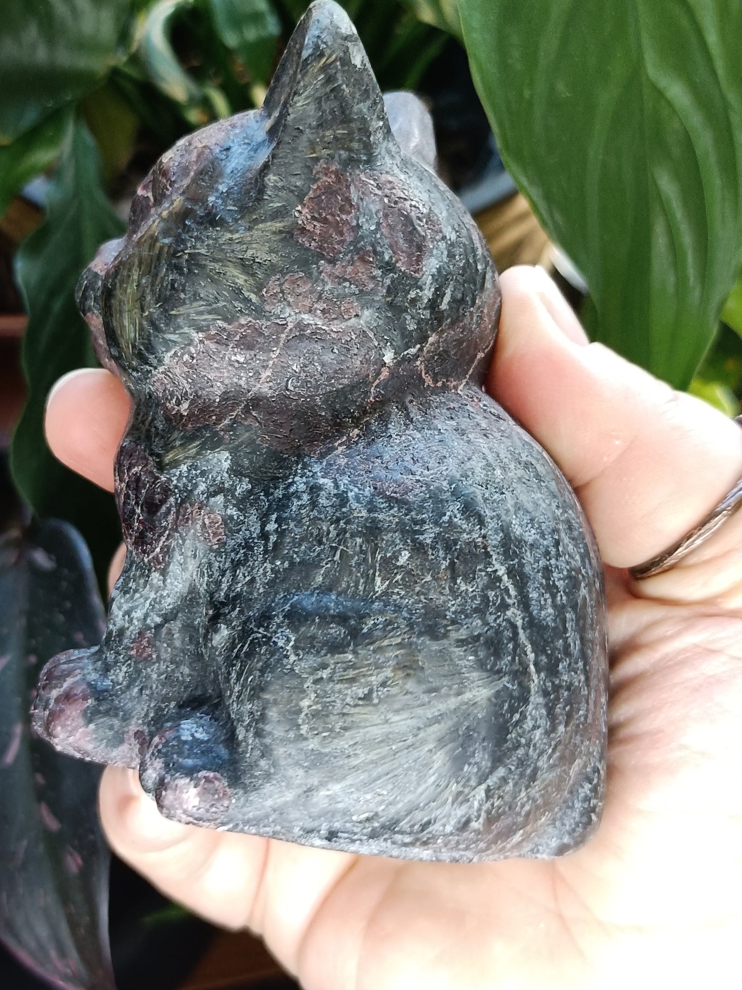 Garnet and Anthophyllite Sitting Cat Carving - 837g