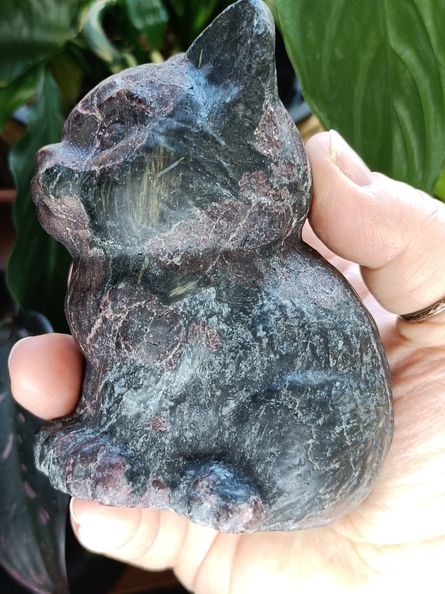 Garnet and Anthophyllite Sitting Cat Carving - 837g