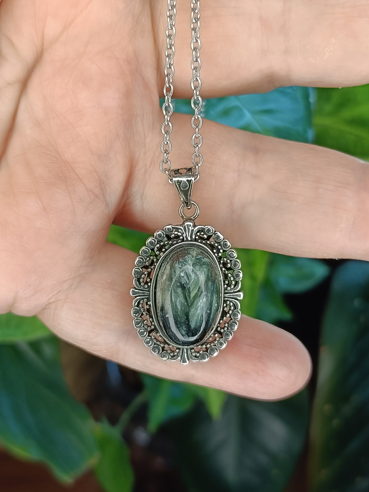 Seraphanite Oval Filigree Pendant - Silver-Plated Copper