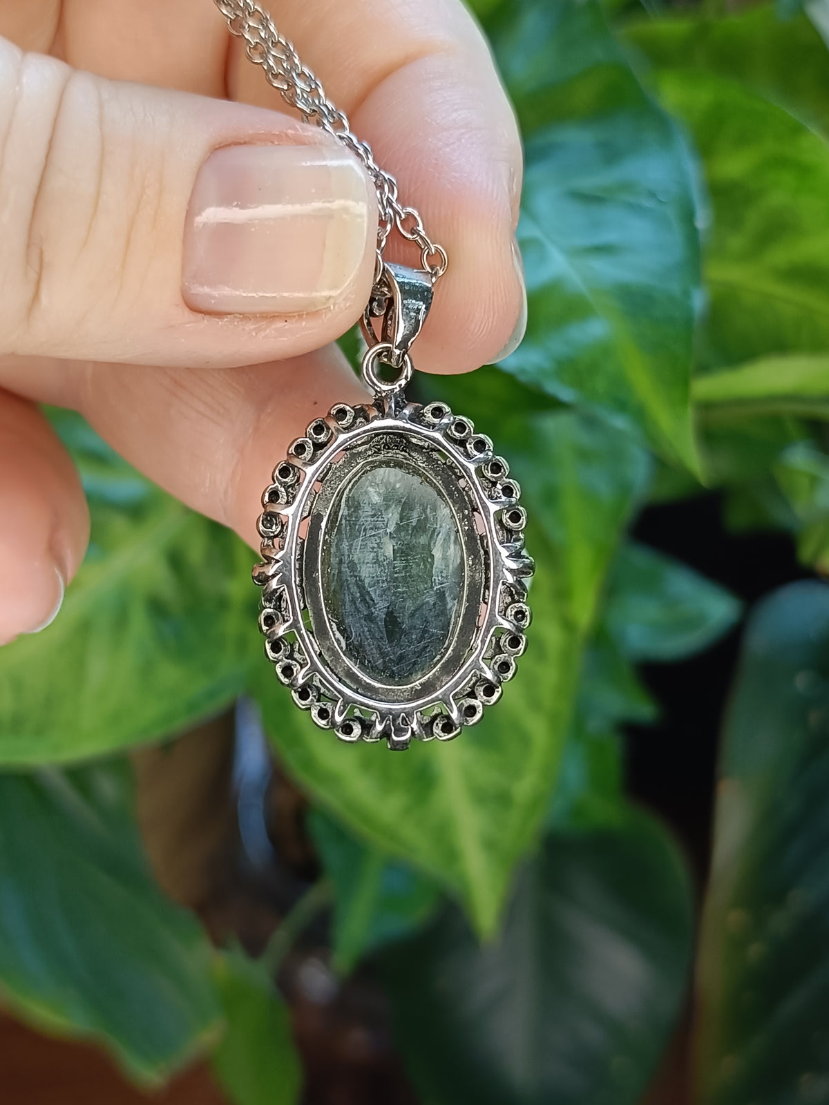 Seraphanite Oval Filigree Pendant - Silver-Plated Copper