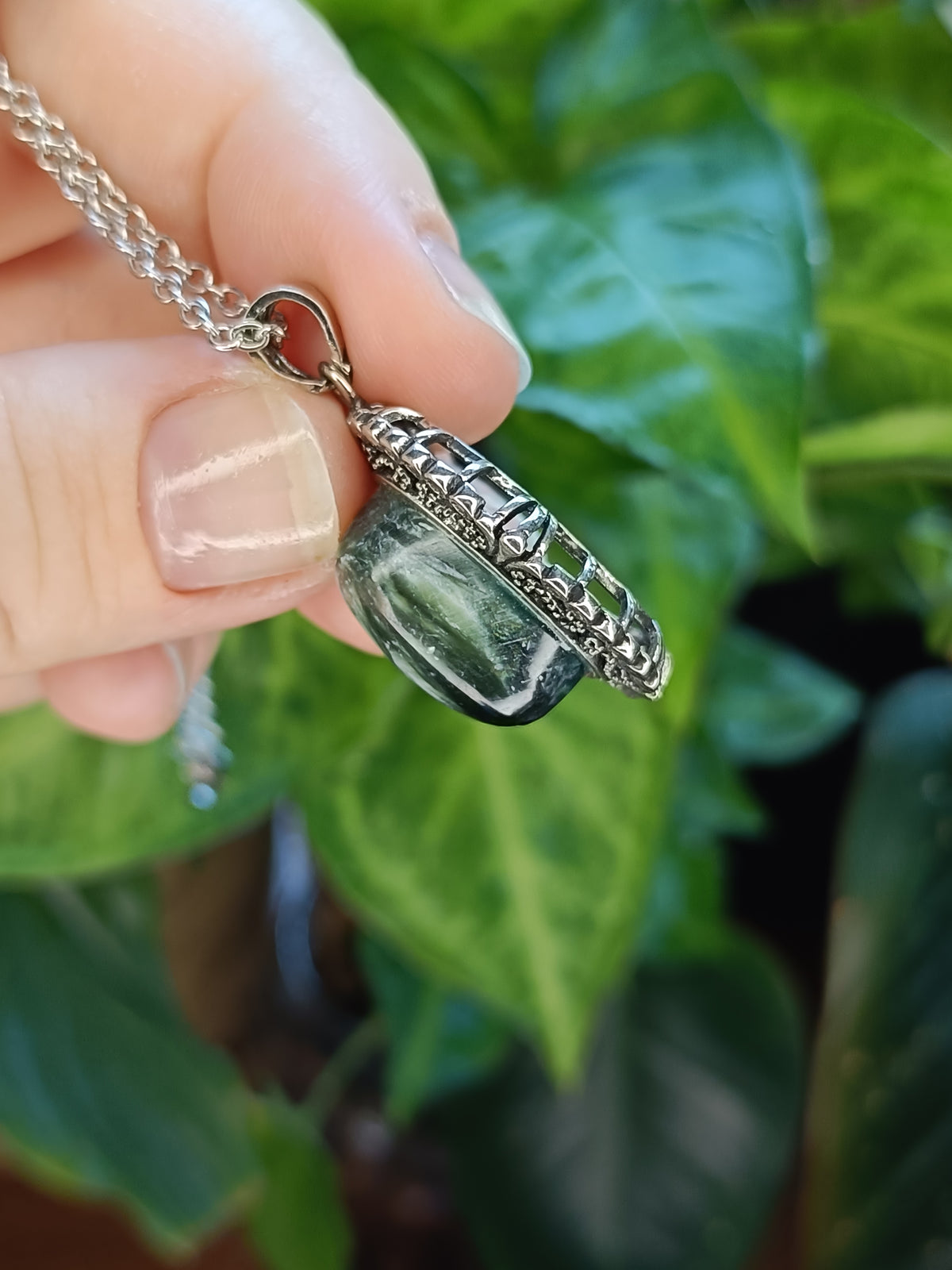 Seraphanite Oval Filigree Pendant - Silver-Plated Copper
