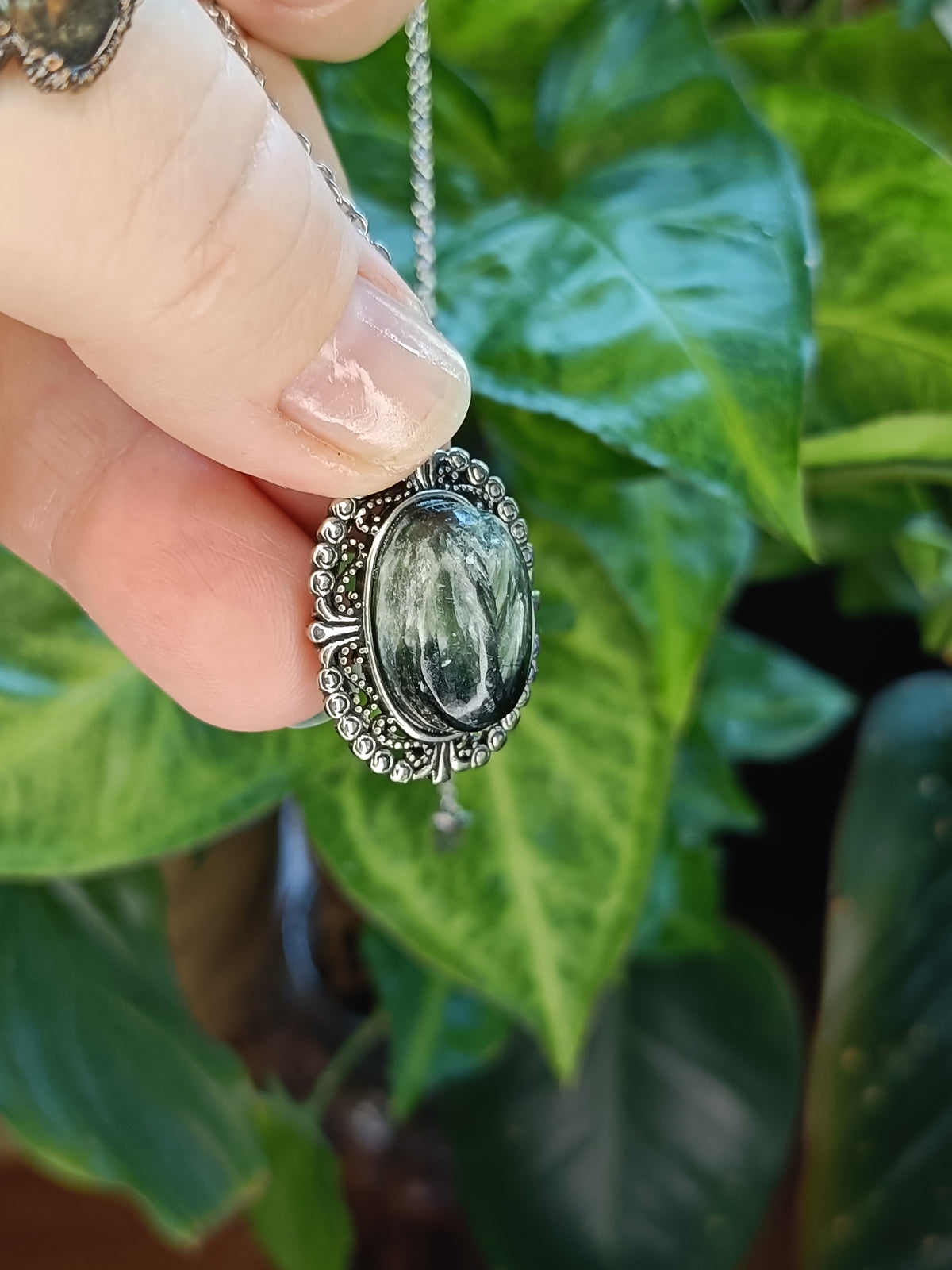 Seraphanite Oval Filigree Pendant - Silver-Plated Copper