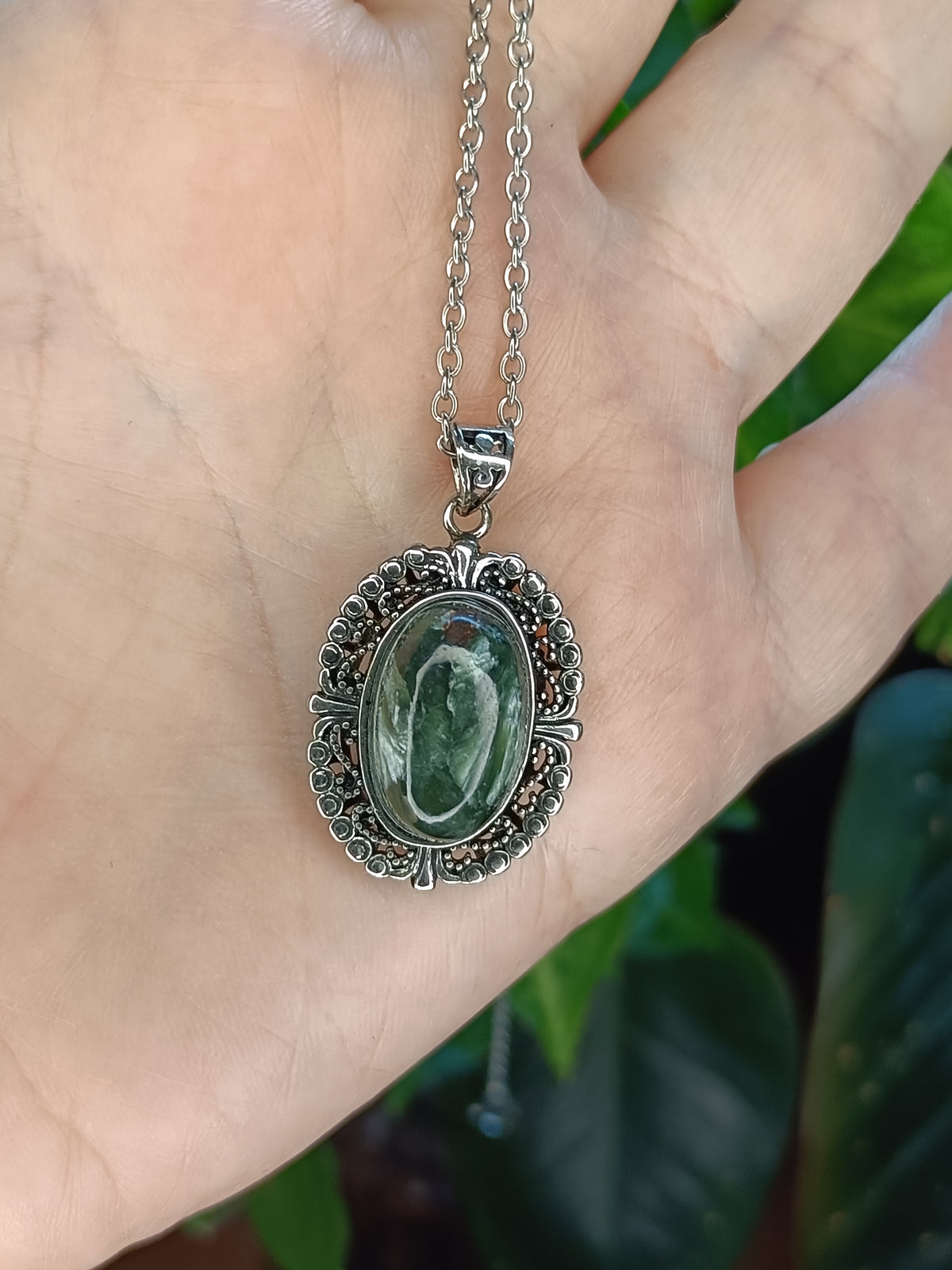 Seraphanite Oval Filigree Pendant - Silver-Plated Copper