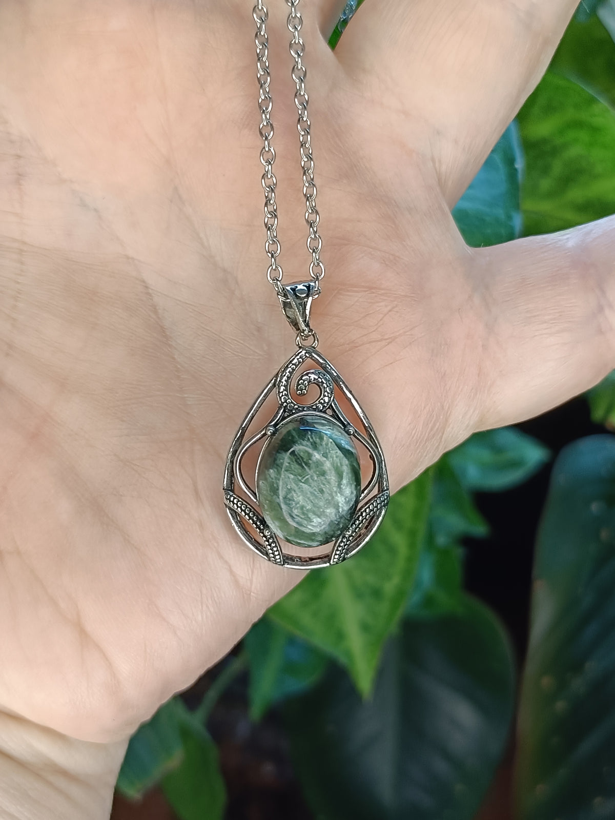 Seraphanite Teardrop Filigree Pendant - Silver-Plated Copper