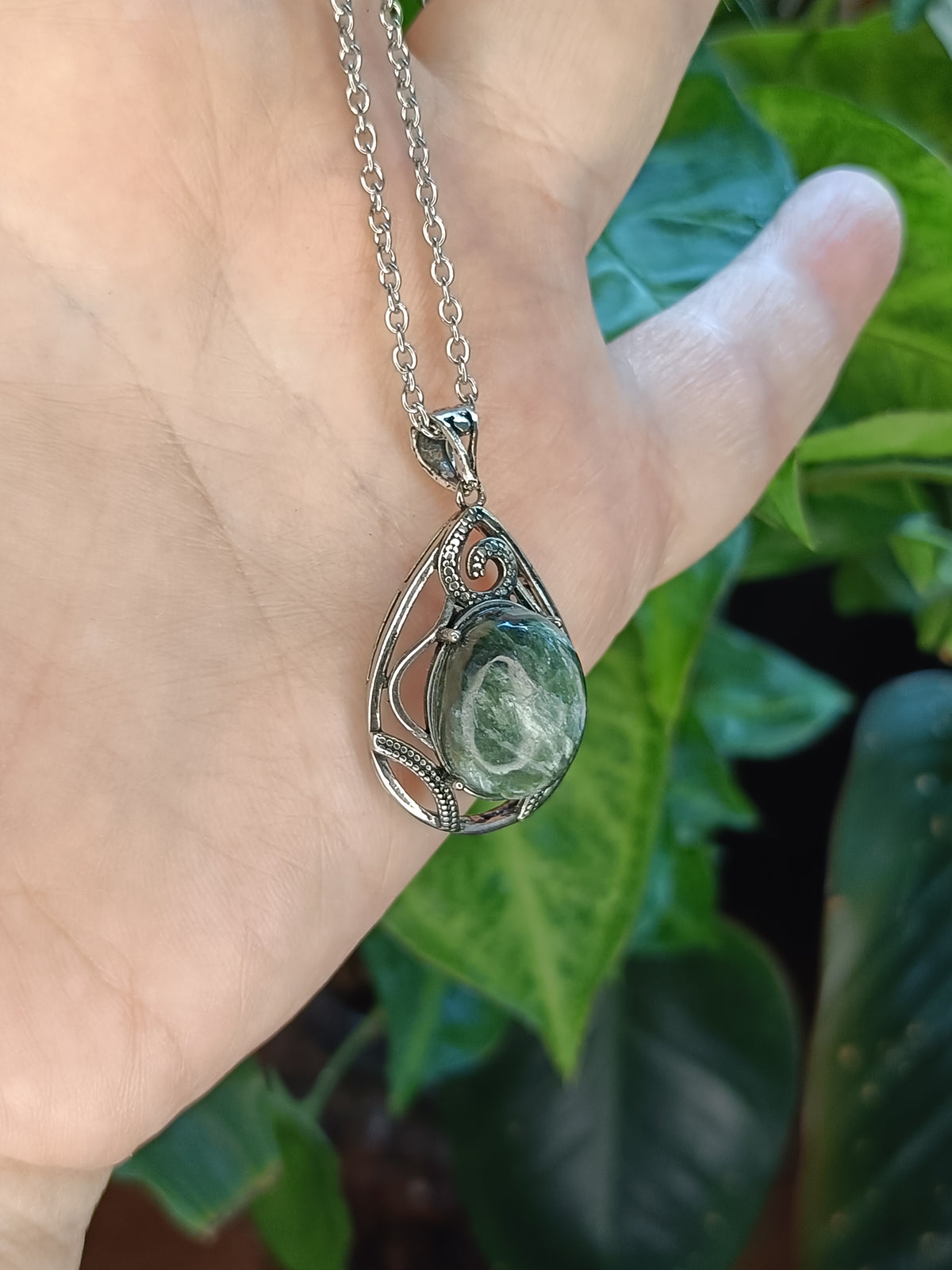 Seraphanite Teardrop Filigree Pendant - Silver-Plated Copper