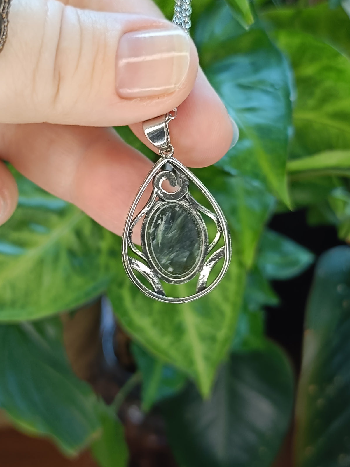Seraphanite Teardrop Filigree Pendant - Silver-Plated Copper
