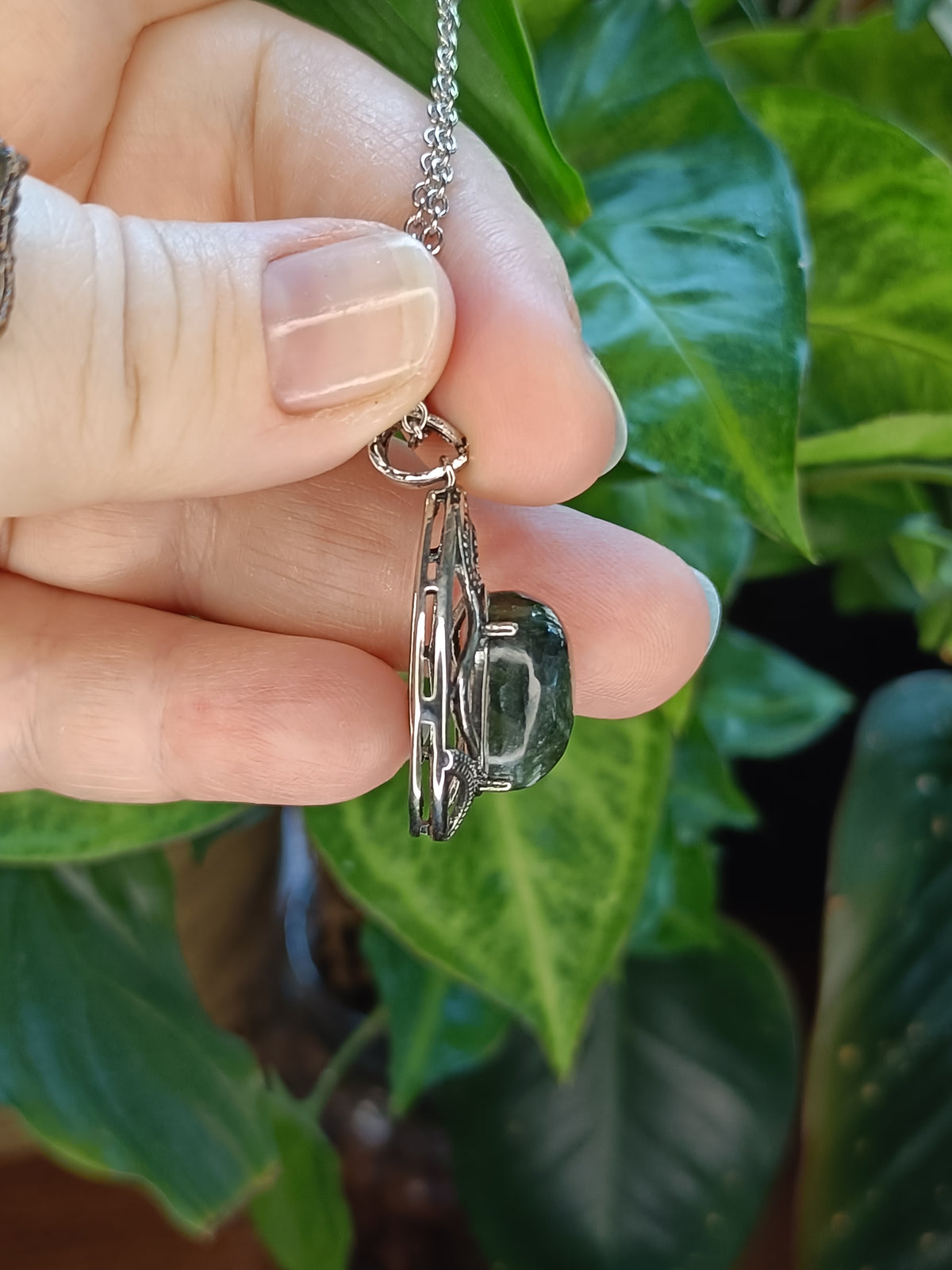 Seraphanite Teardrop Filigree Pendant - Silver-Plated Copper