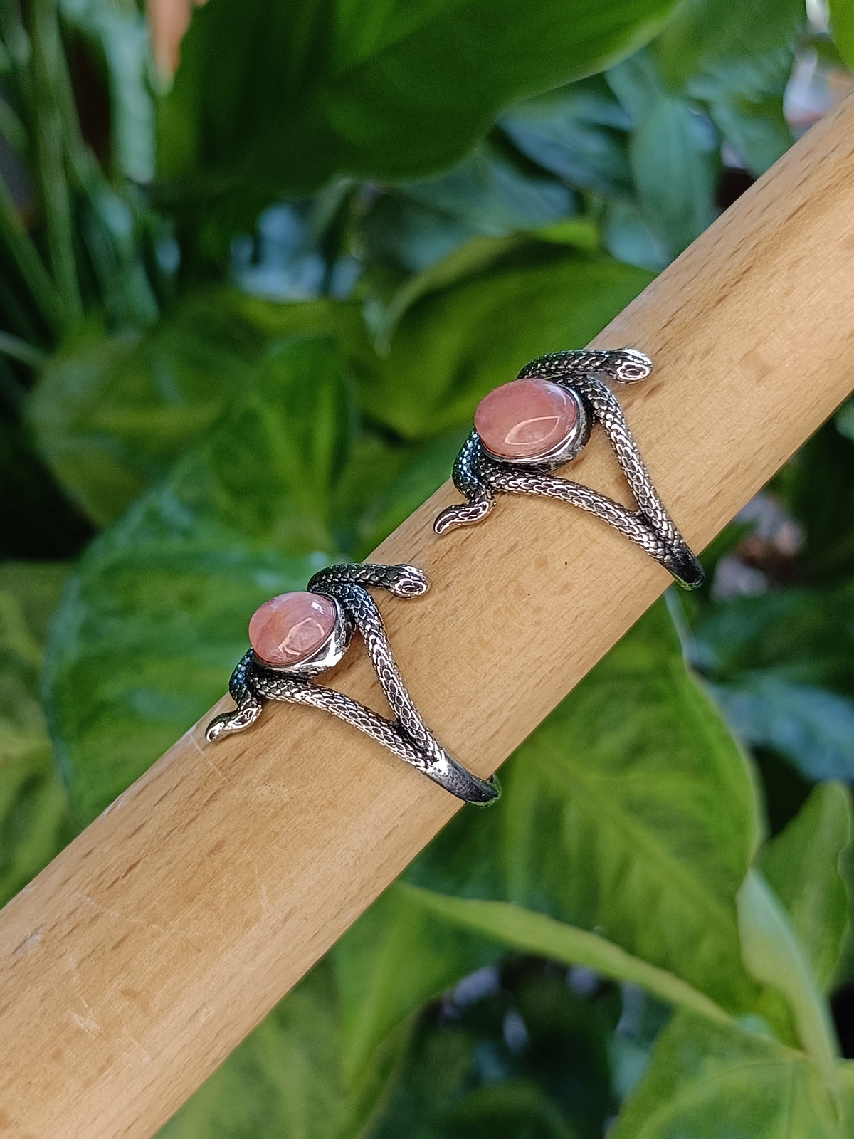 Rhodochrosite Snake Ring - Silver-Plated Copper
