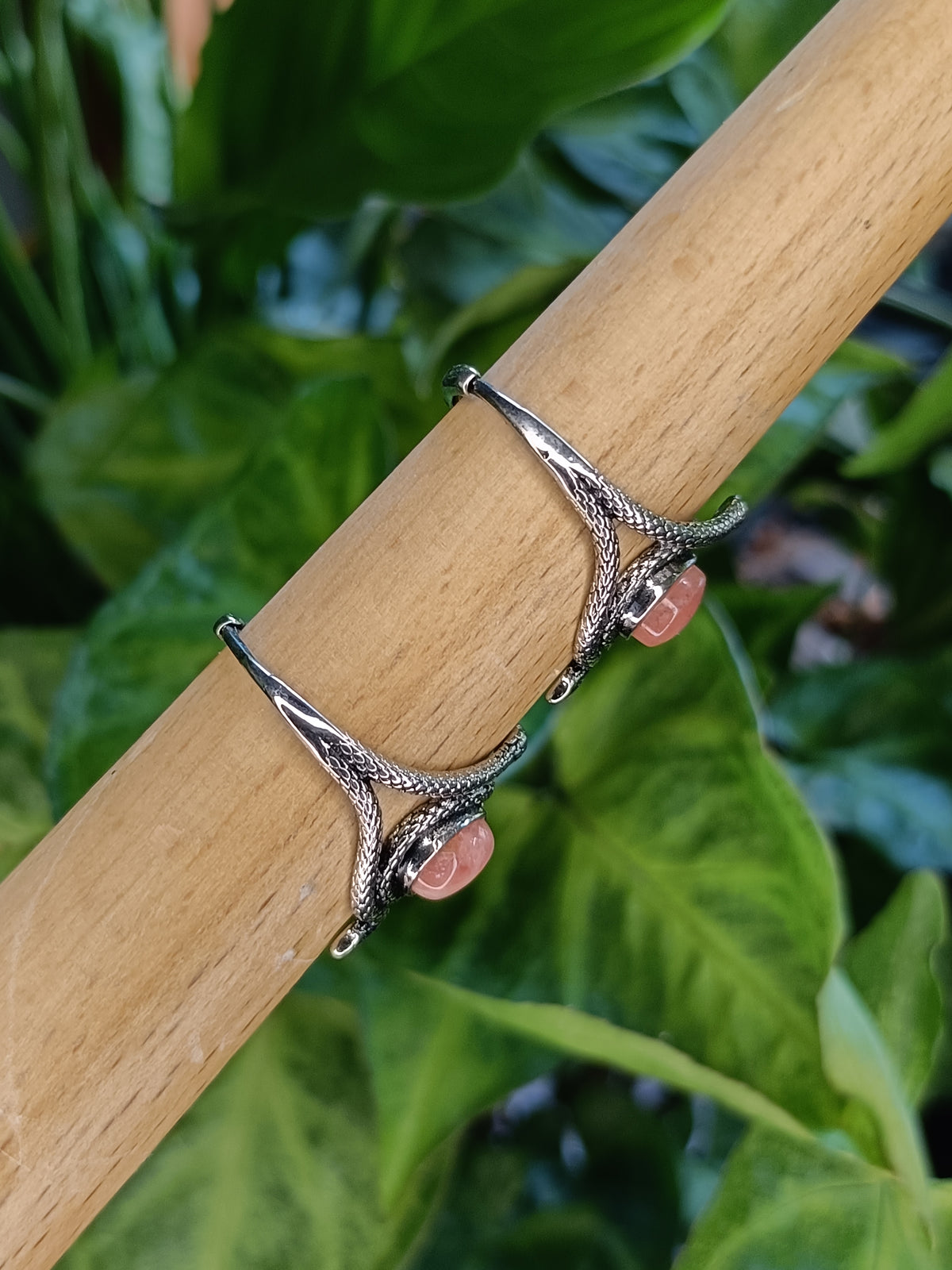 Rhodochrosite Snake Ring - Silver-Plated Copper