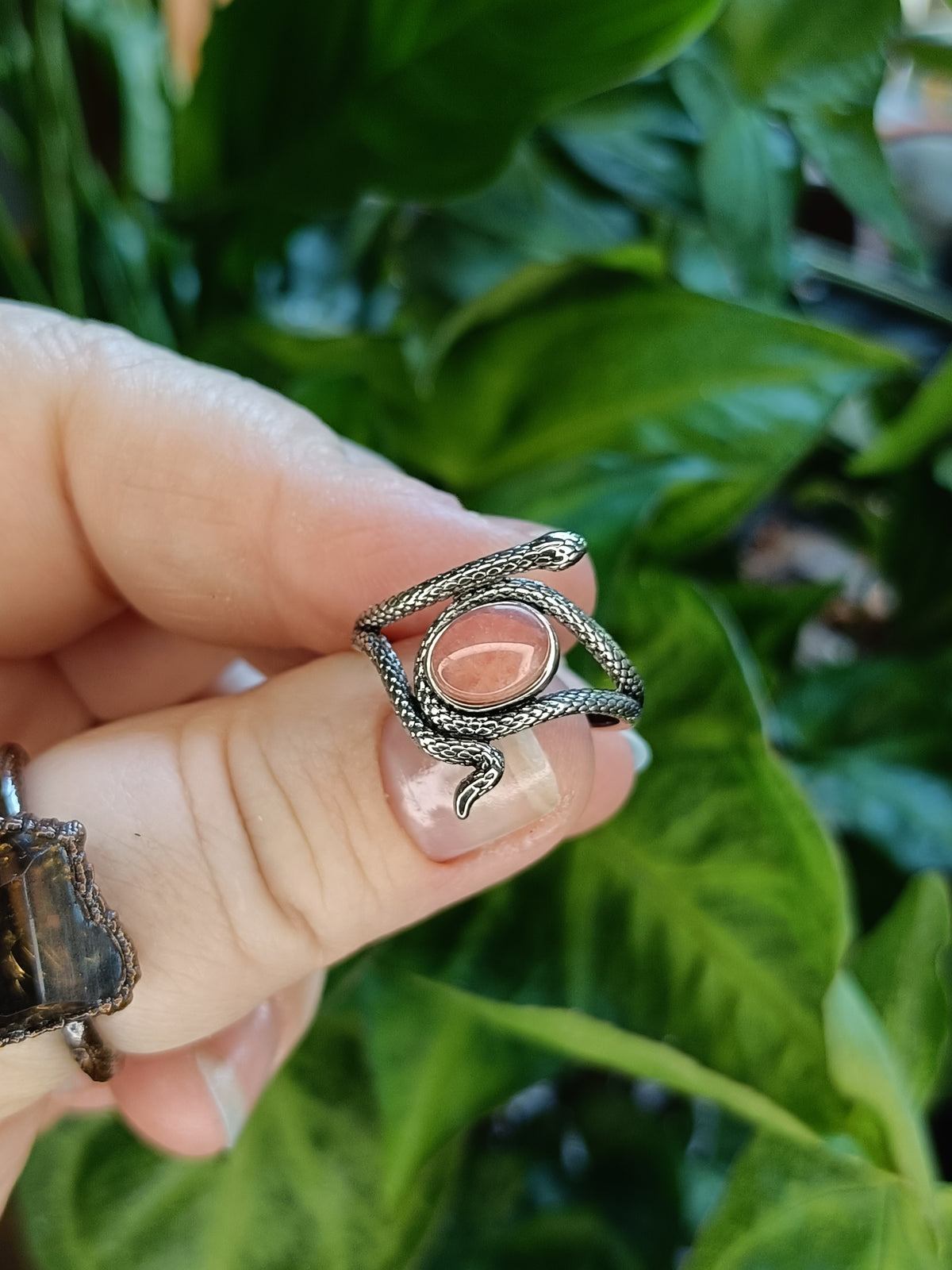 Rhodochrosite Snake Ring - Silver-Plated Copper