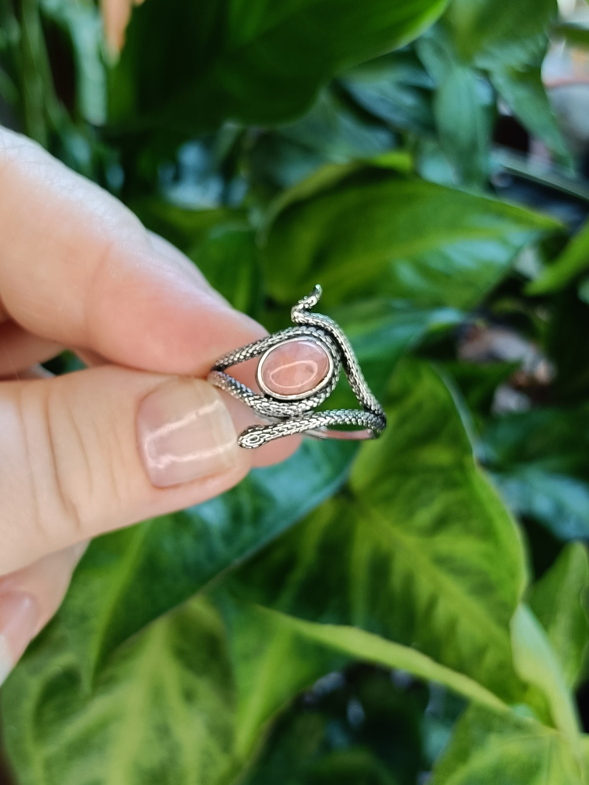 Rhodochrosite Snake Ring - Silver-Plated Copper