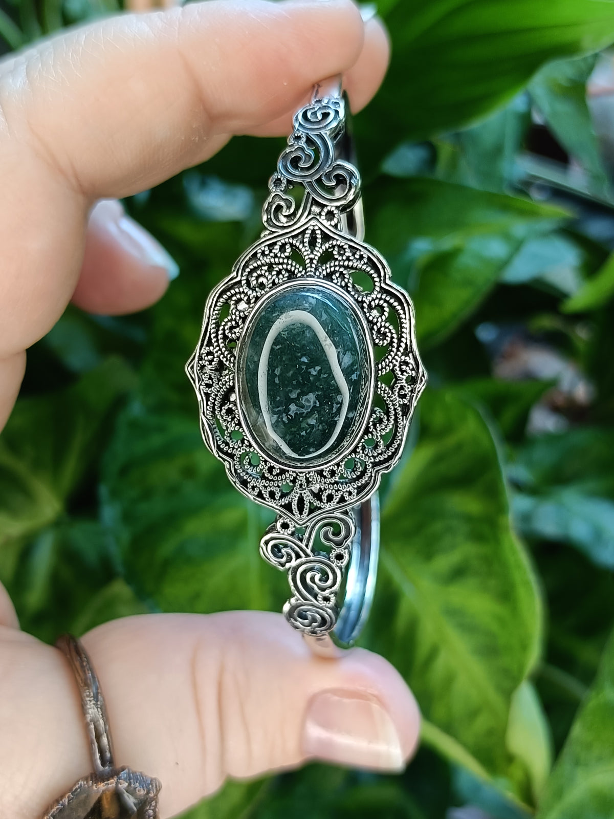 Moss Agate Filigree Bangle - Silver-Plated Copper