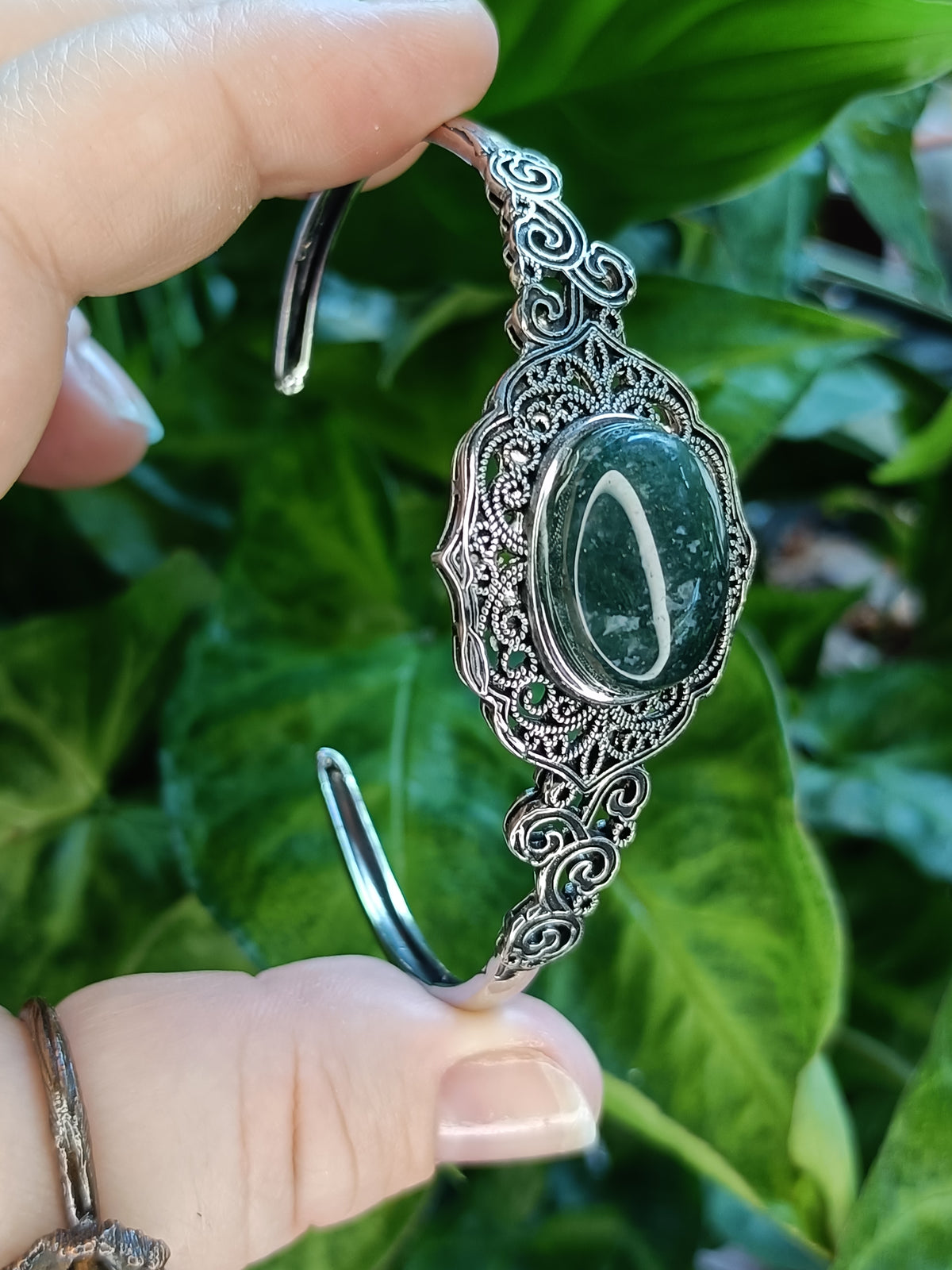Moss Agate Filigree Bangle - Silver-Plated Copper