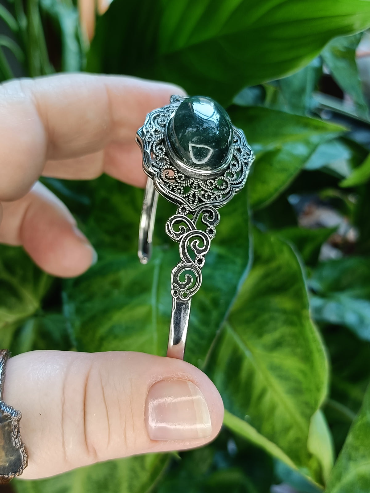 Moss Agate Filigree Bangle - Silver-Plated Copper