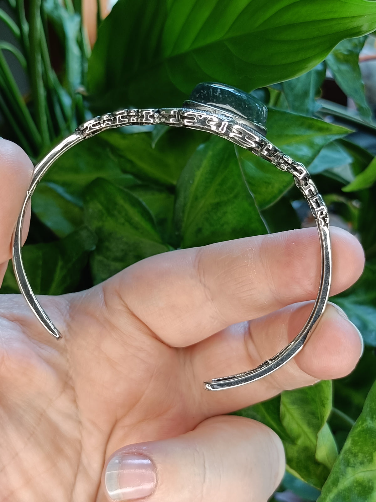 Moss Agate Filigree Bangle - Silver-Plated Copper