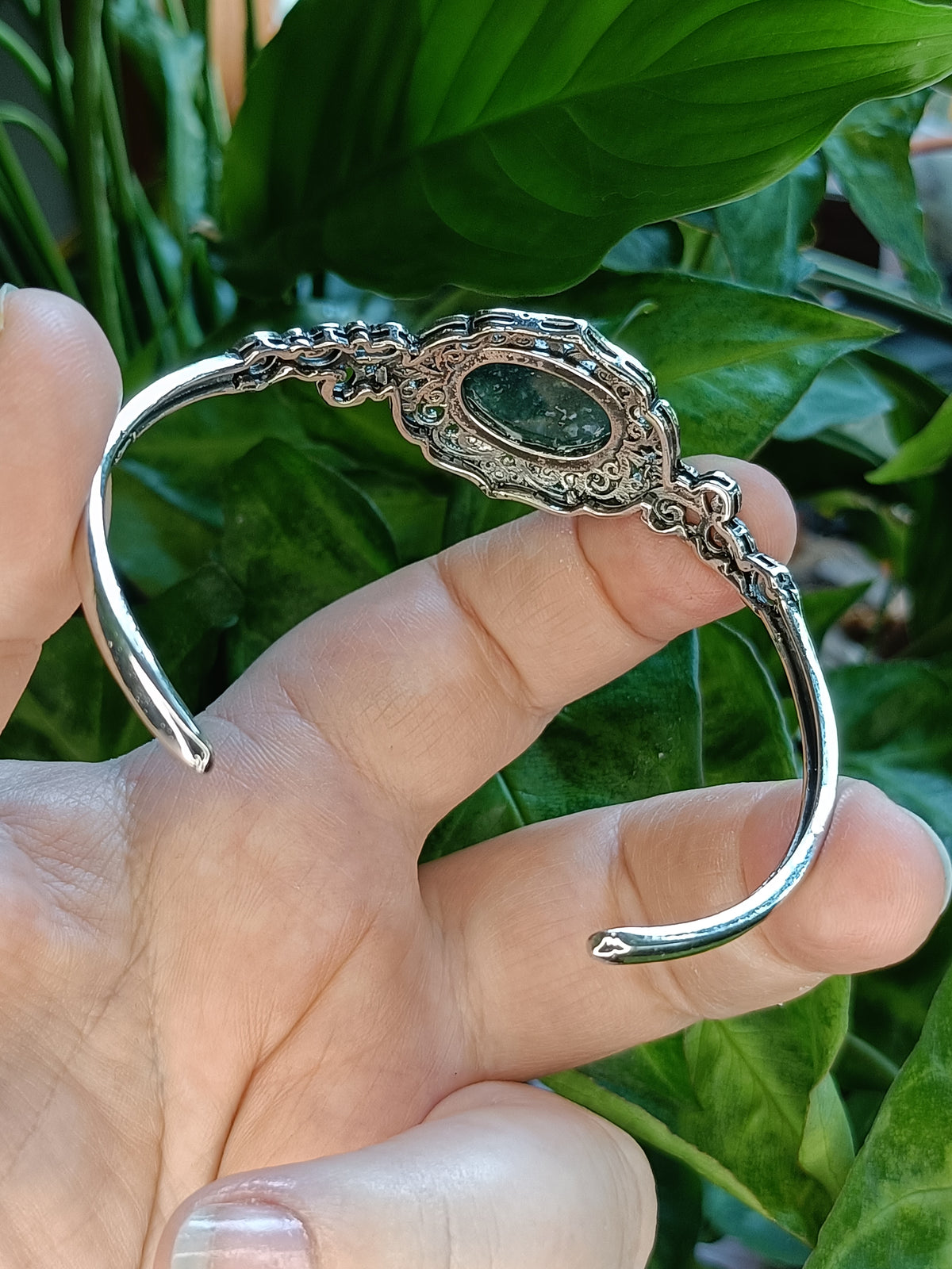Moss Agate Filigree Bangle - Silver-Plated Copper