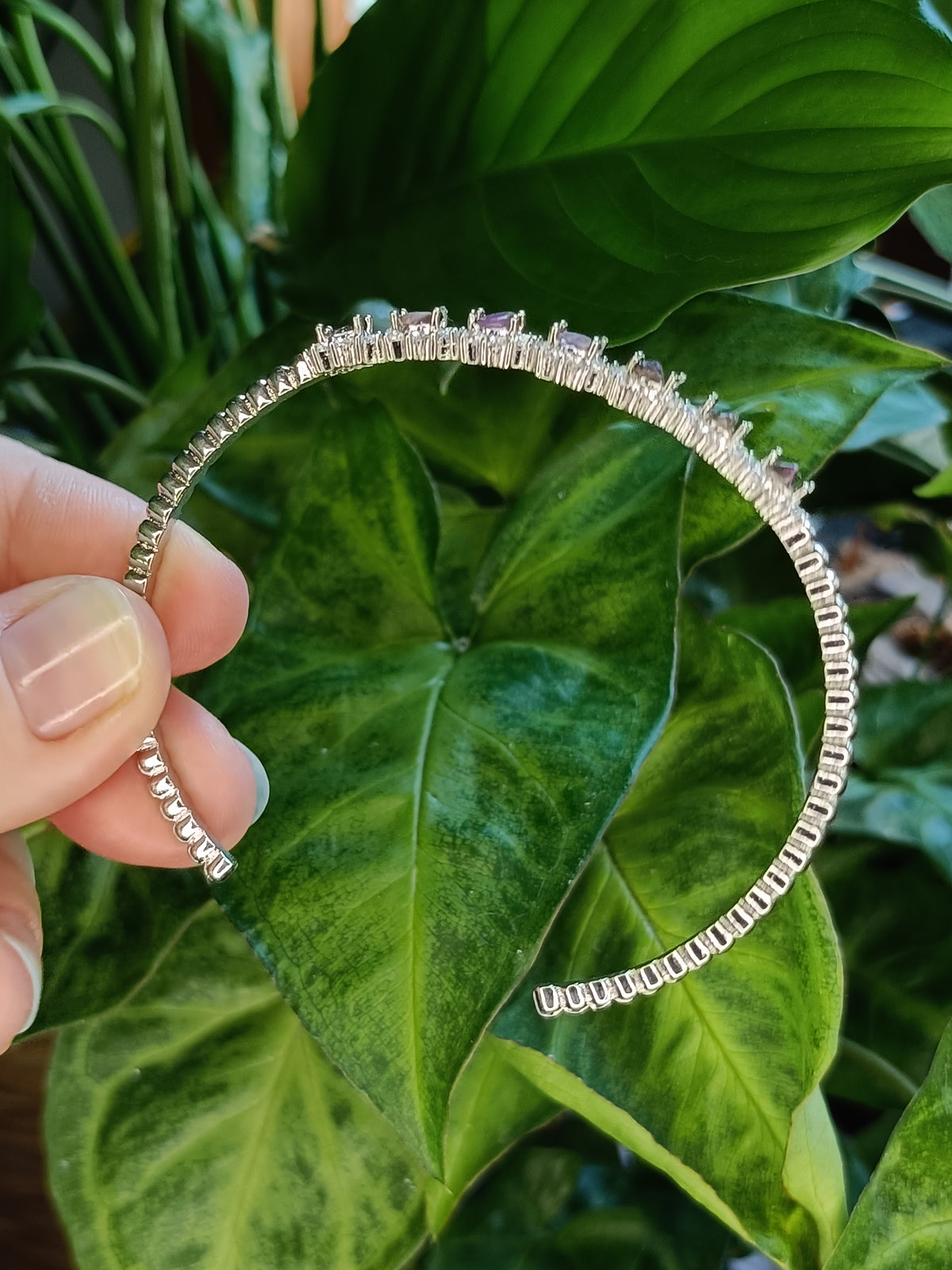 Sugilite and Moissanite Bangle - Silver-Plated Copper