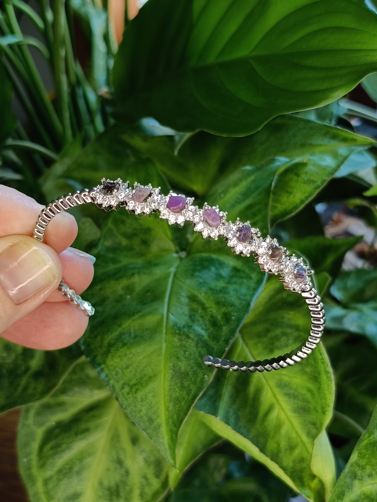 Sugilite and Moissanite Bangle - Silver-Plated Copper