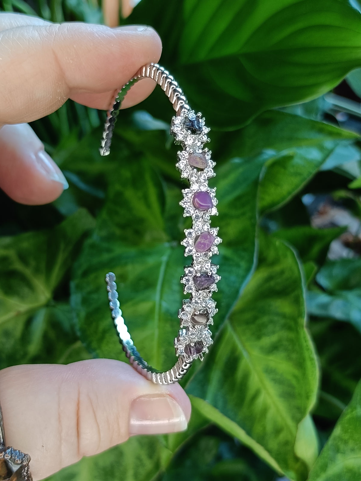 Sugilite and Moissanite Bangle - Silver-Plated Copper