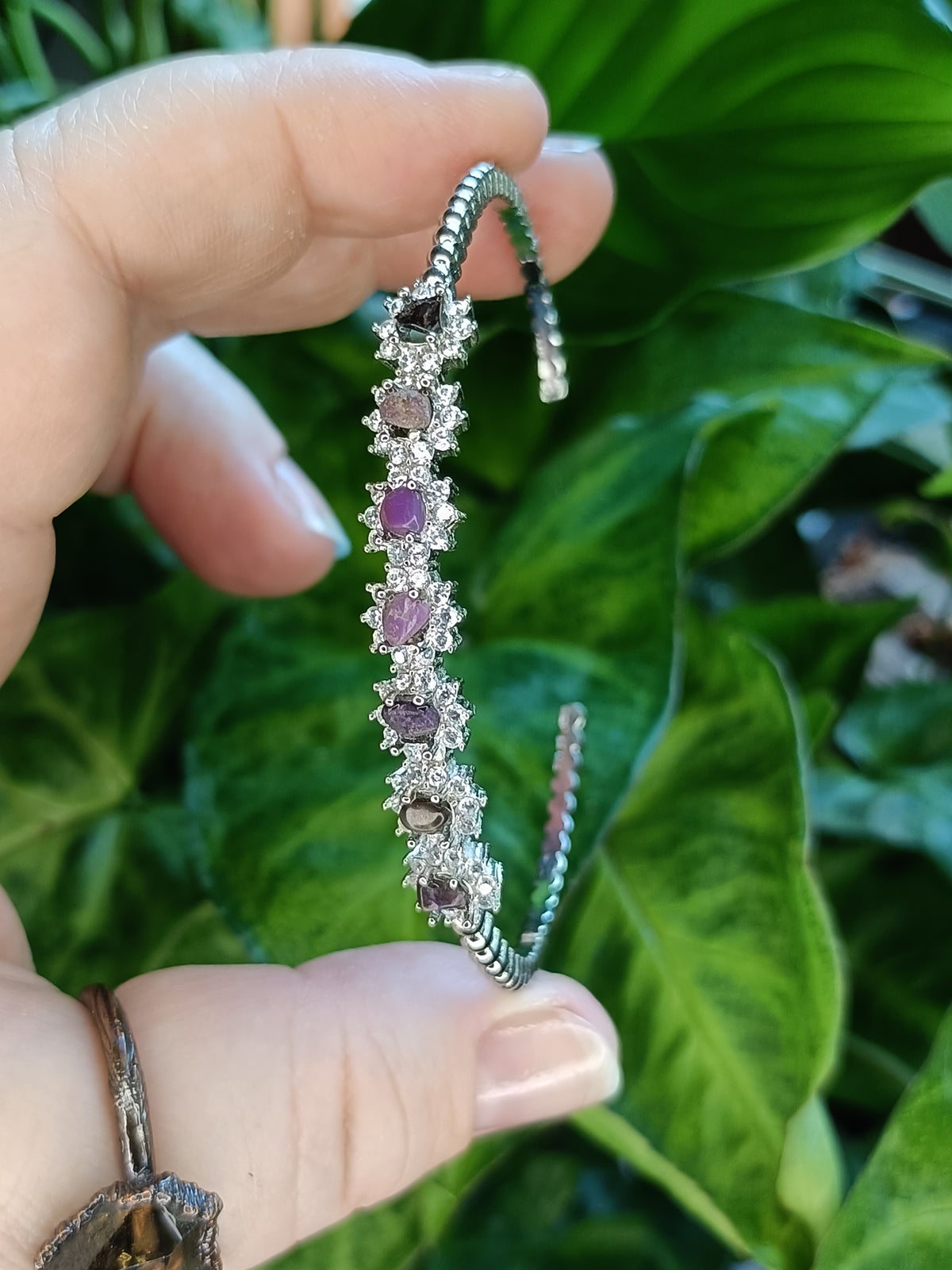 Sugilite and Moissanite Bangle - Silver-Plated Copper