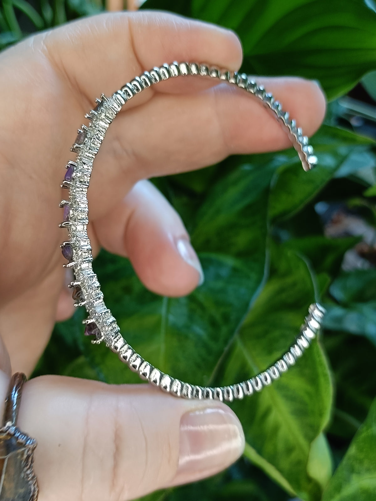 Sugilite and Moissanite Bangle - Silver-Plated Copper
