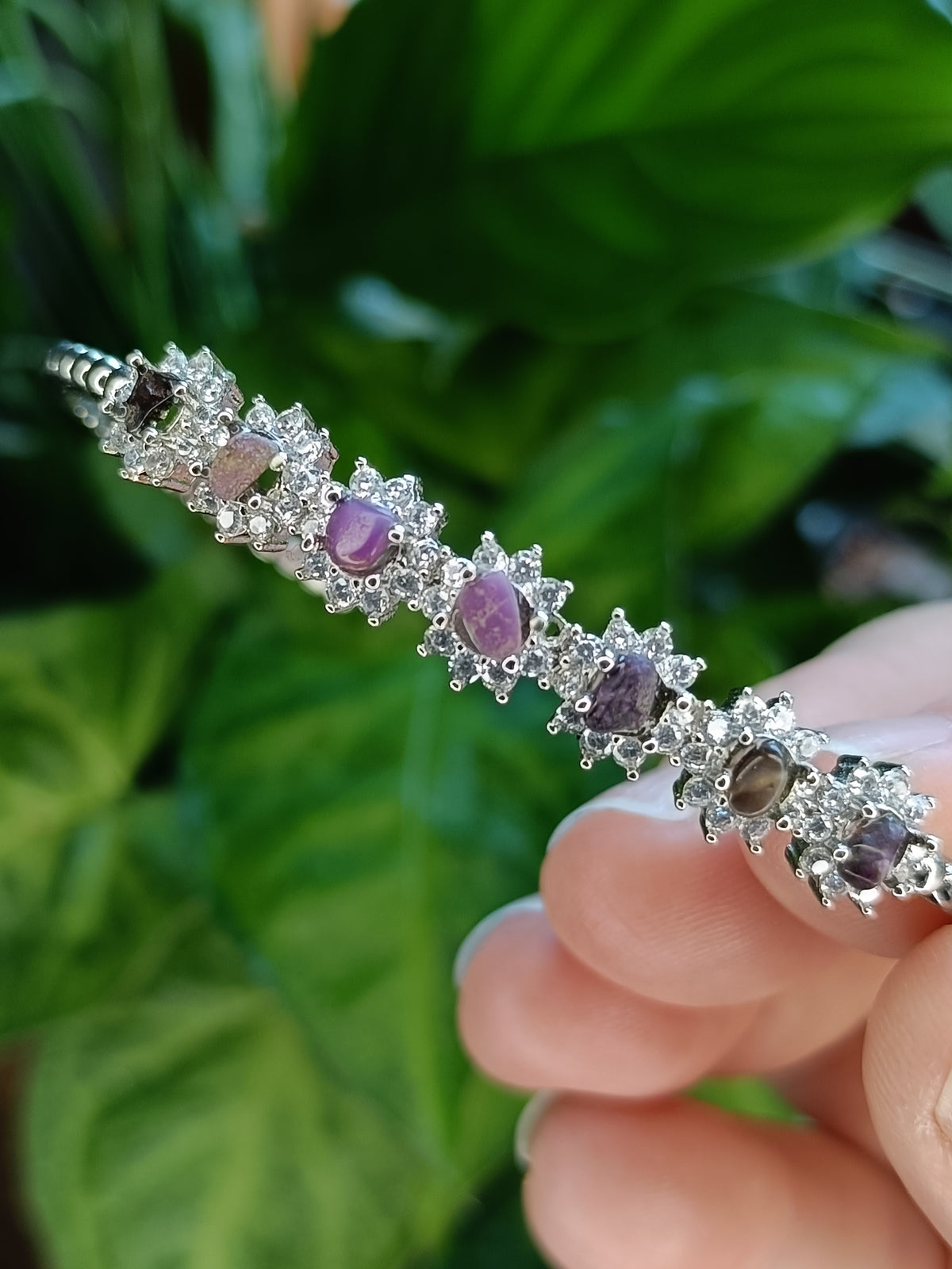 Sugilite and Moissanite Bangle - Silver-Plated Copper