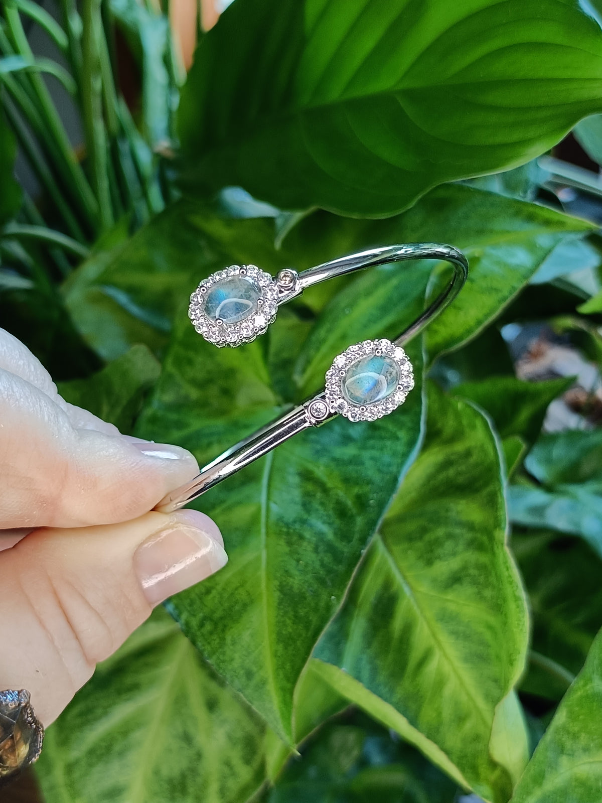 Labradorite and CZ Bangle - Silver-Plated Copper