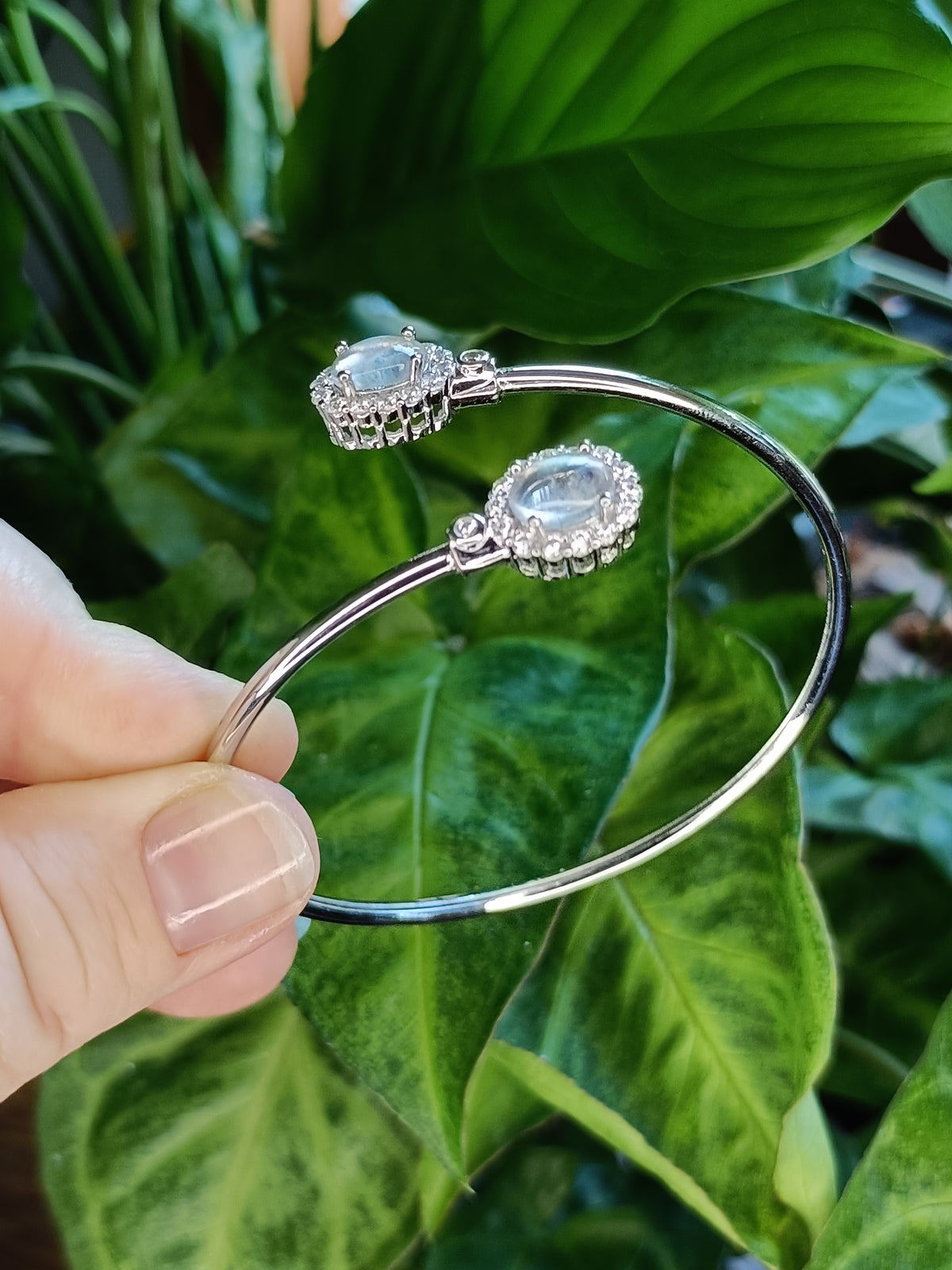 Labradorite and CZ Bangle - Silver-Plated Copper