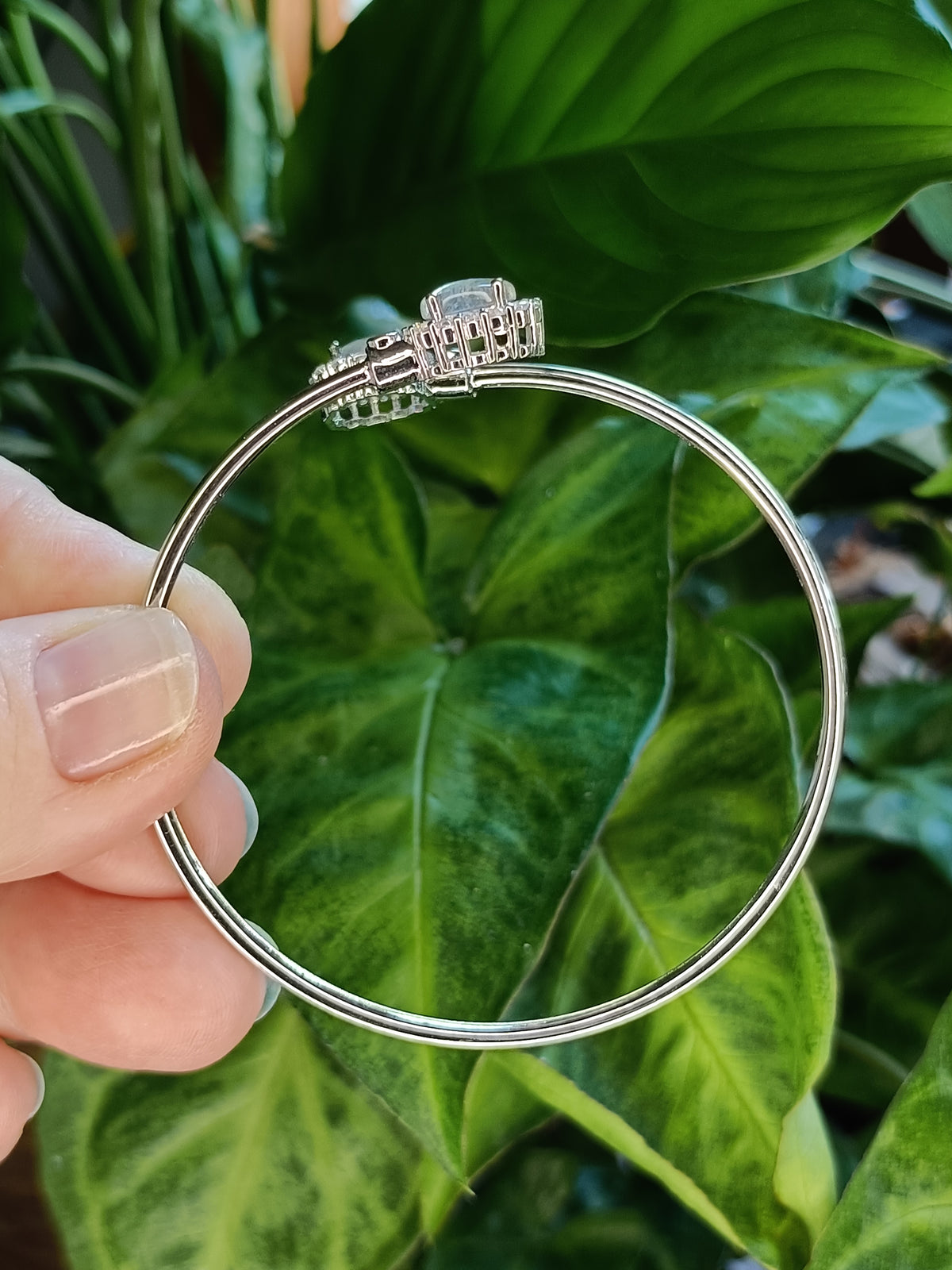 Labradorite and CZ Bangle - Silver-Plated Copper