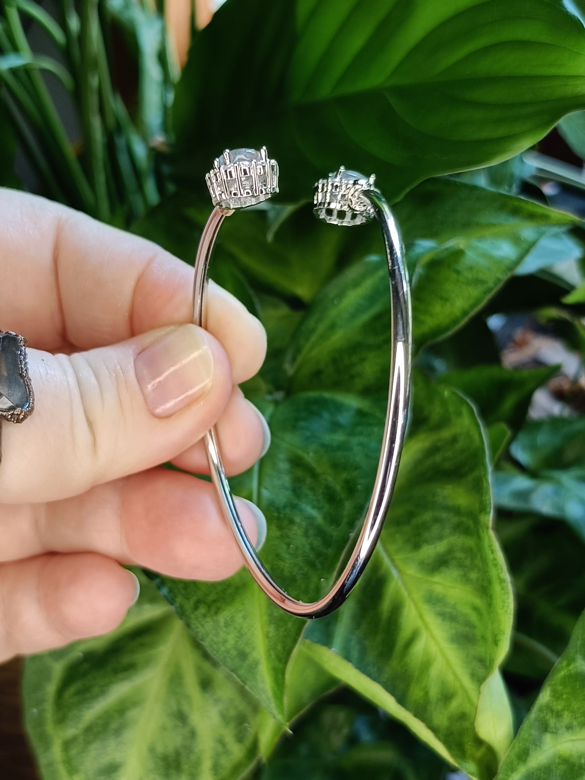 Labradorite and CZ Bangle - Silver-Plated Copper