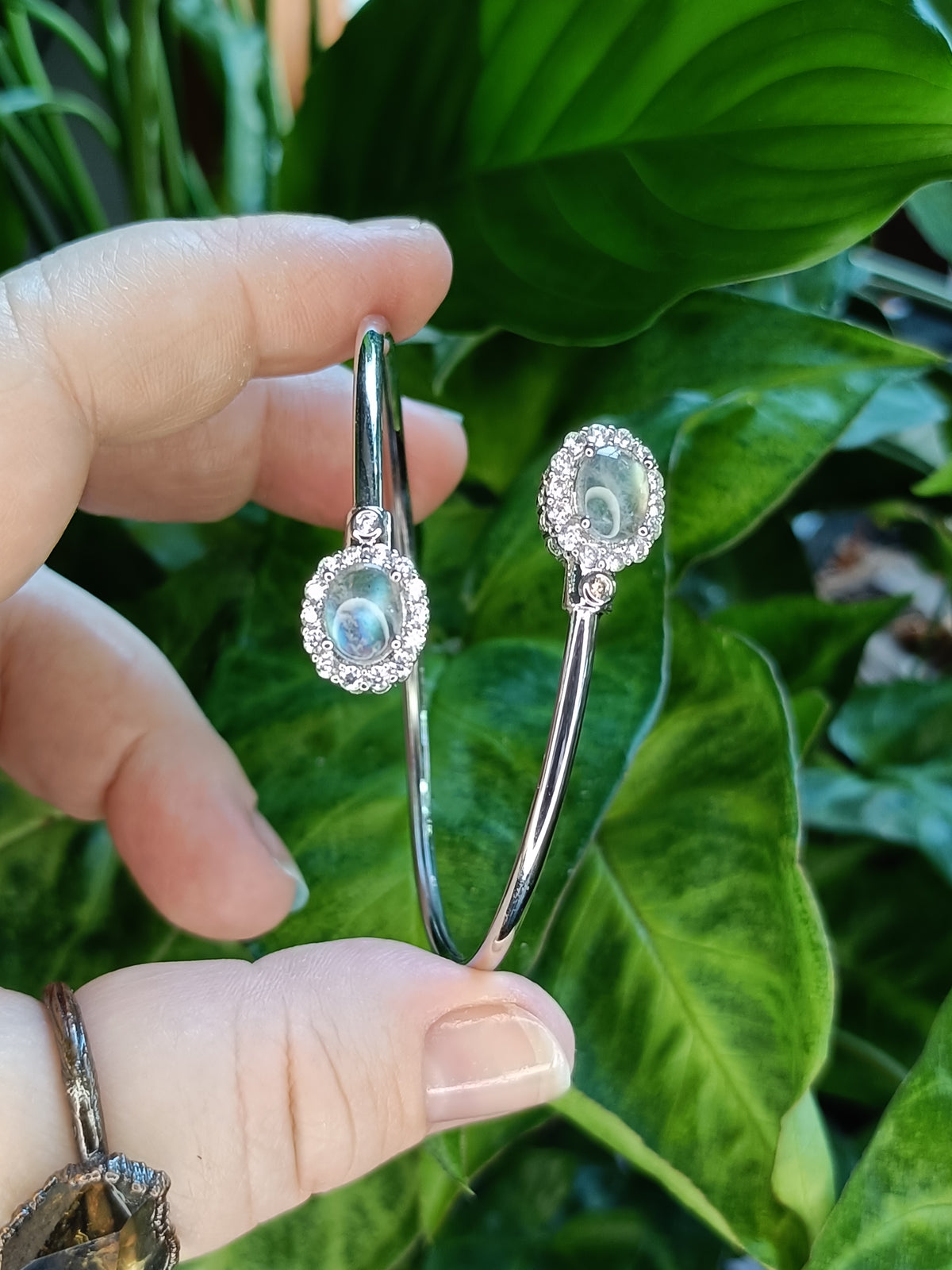 Labradorite and CZ Bangle - Silver-Plated Copper