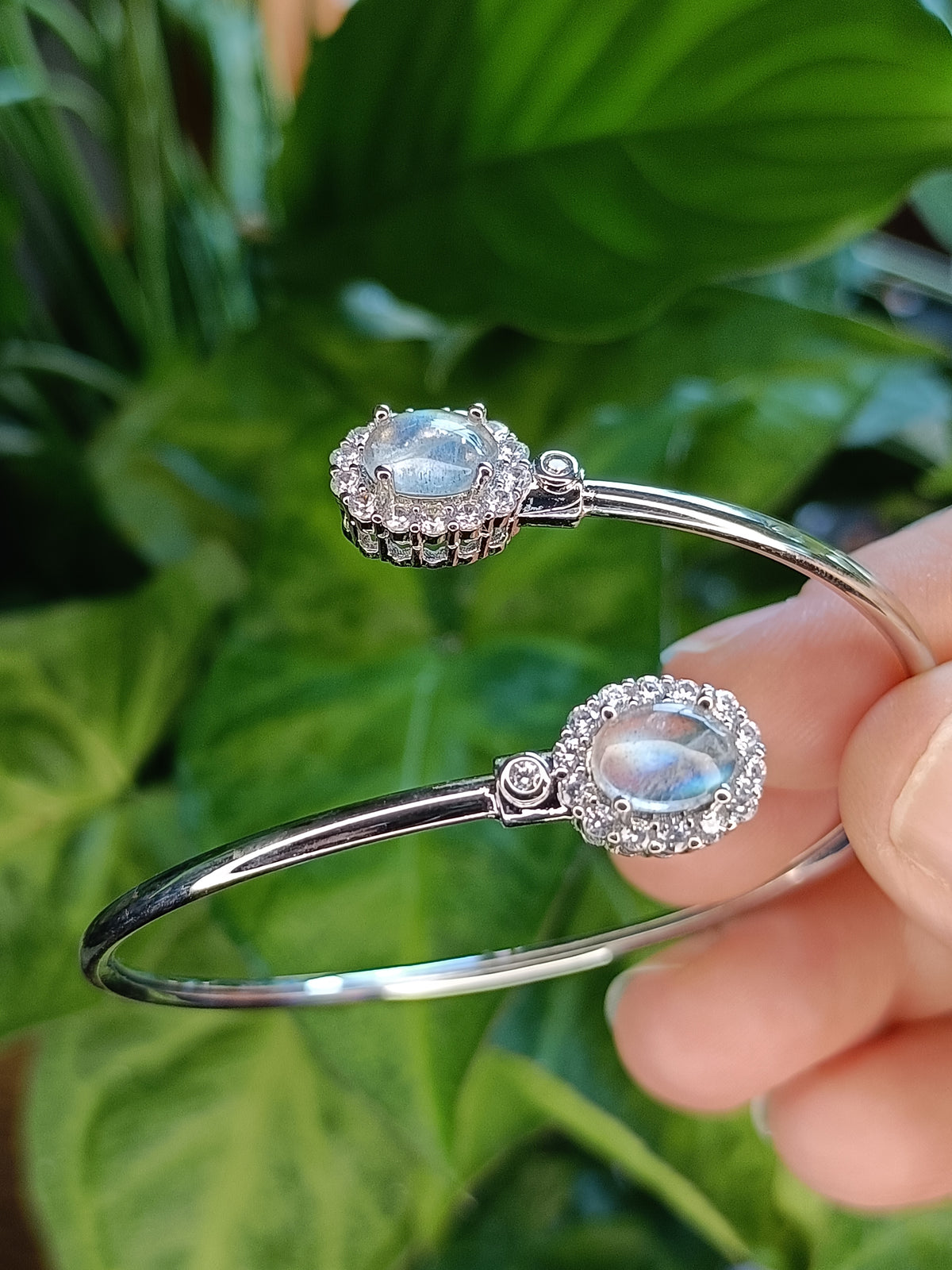 Labradorite and CZ Bangle - Silver-Plated Copper