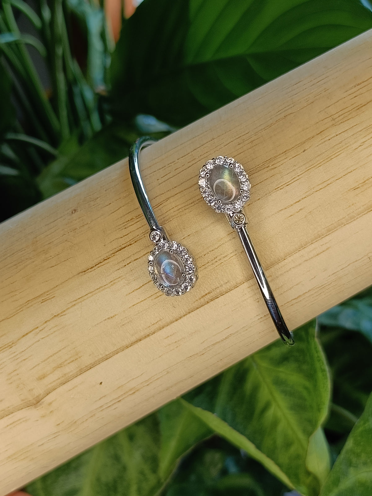 Labradorite and CZ Bangle - Silver-Plated Copper