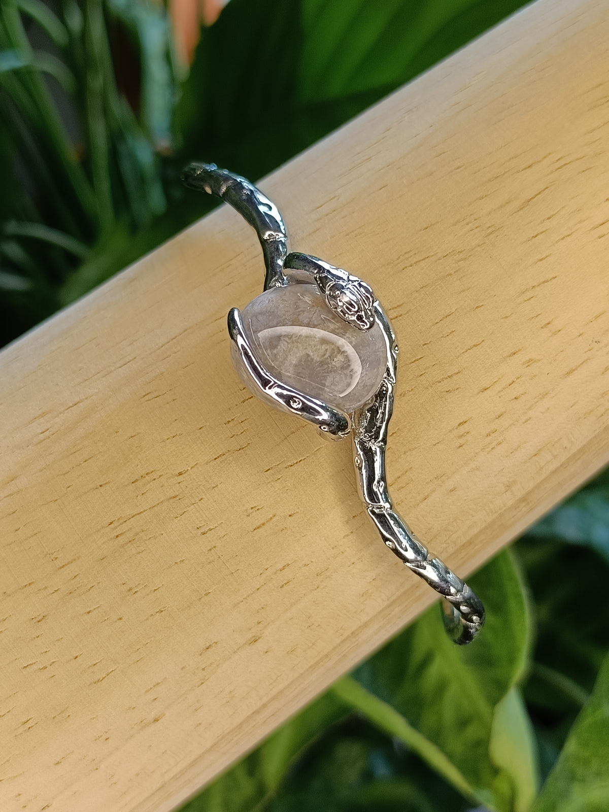 Fossilized Coral Snake Bangle - Silver-Plated Copper