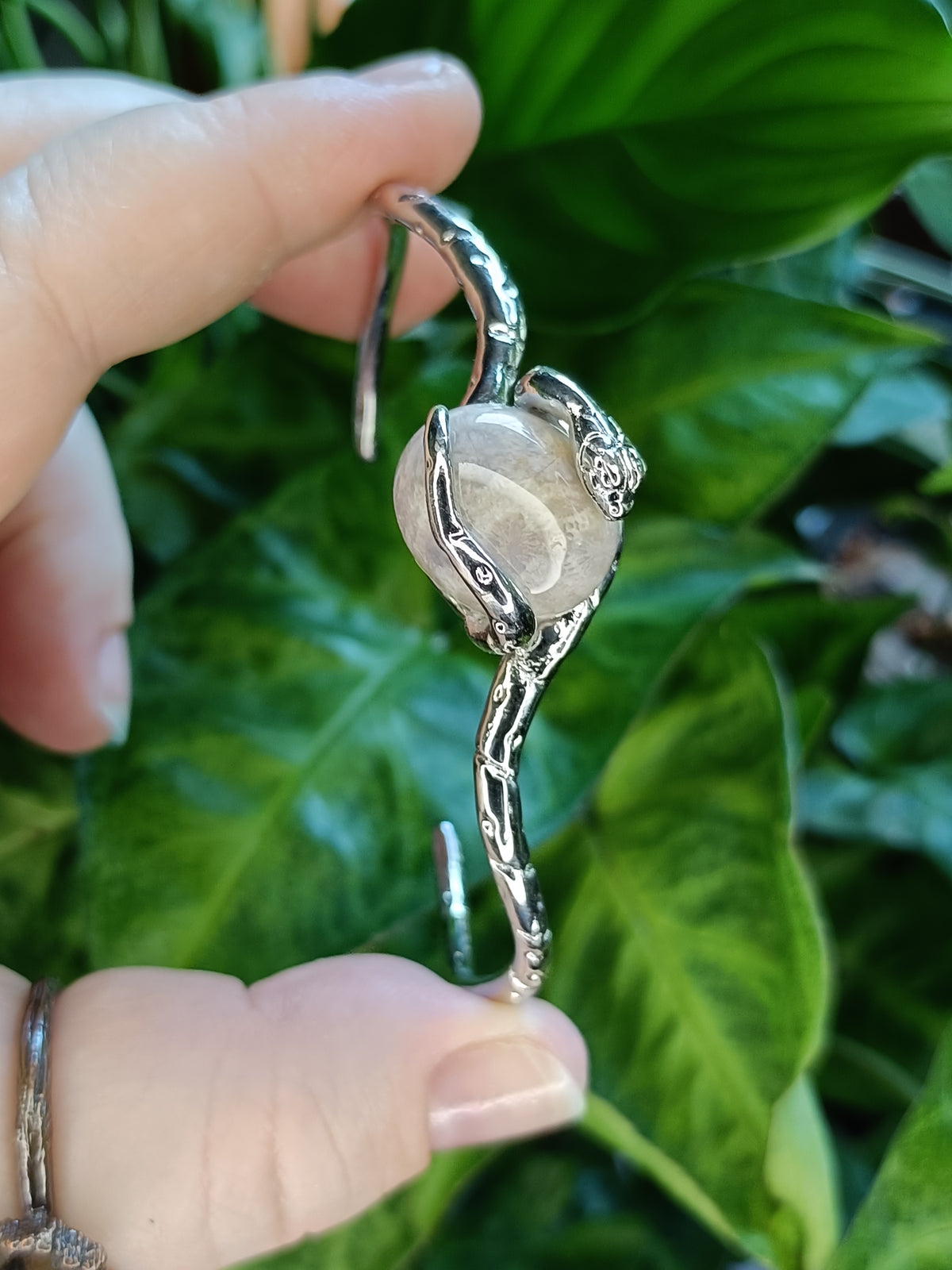 Fossilized Coral Snake Bangle - Silver-Plated Copper