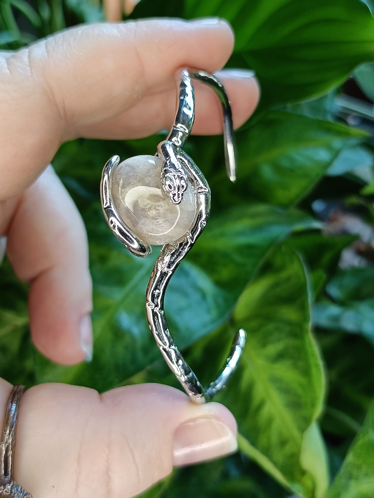 Fossilized Coral Snake Bangle - Silver-Plated Copper