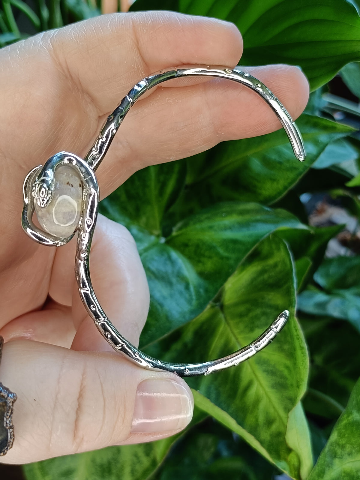 Fossilized Coral Snake Bangle - Silver-Plated Copper