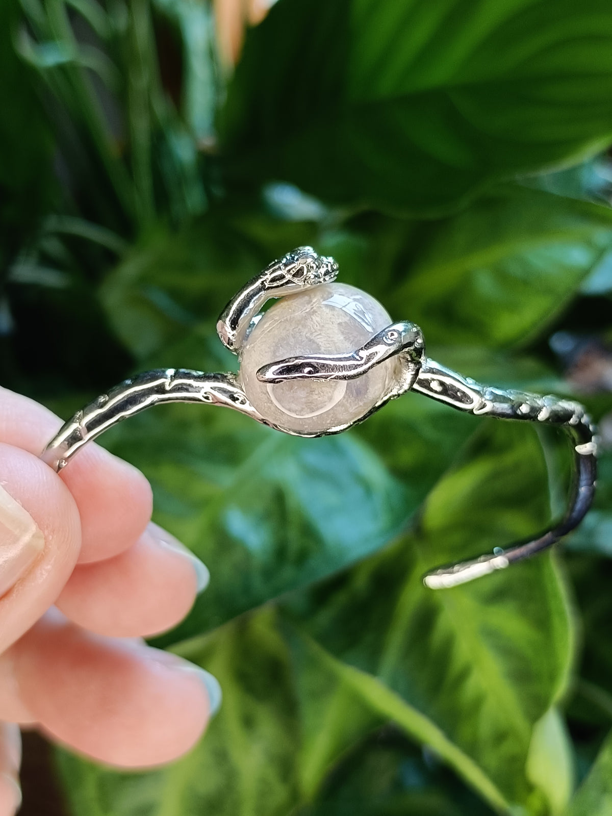 Fossilized Coral Snake Bangle - Silver-Plated Copper