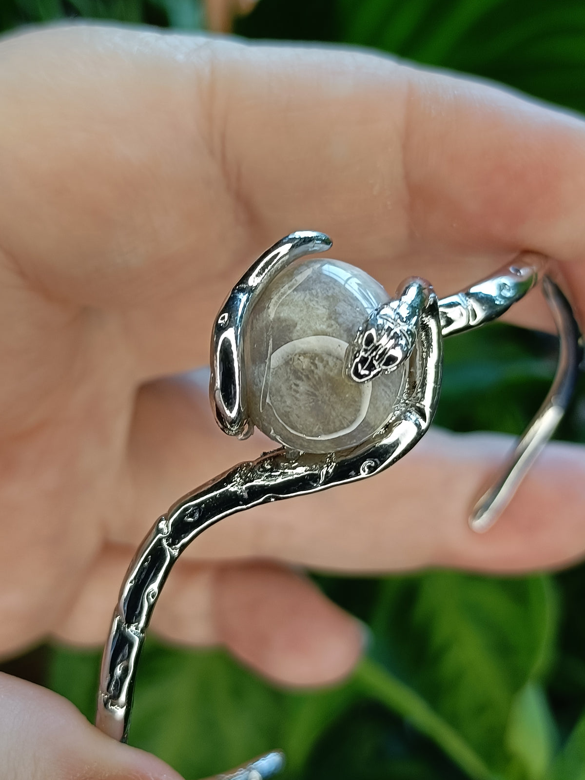 Fossilized Coral Snake Bangle - Silver-Plated Copper
