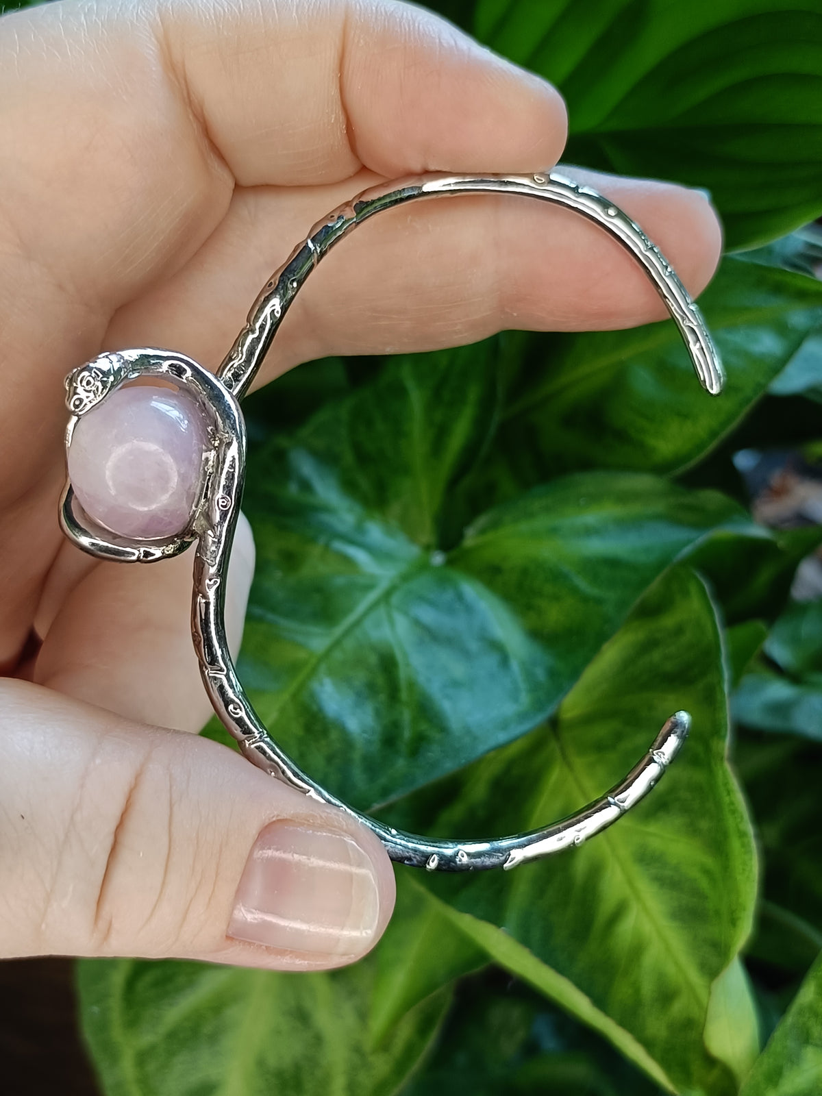 Kunzite Snake Bangle - Silver-Plated Copper