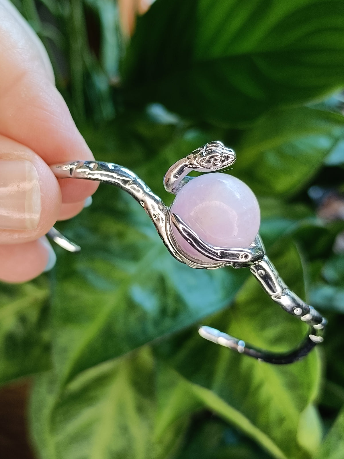 Kunzite Snake Bangle - Silver-Plated Copper