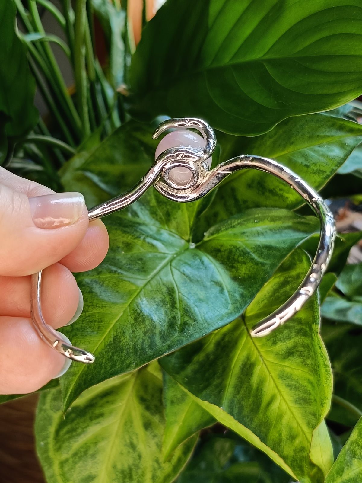 Kunzite Snake Bangle - Silver-Plated Copper