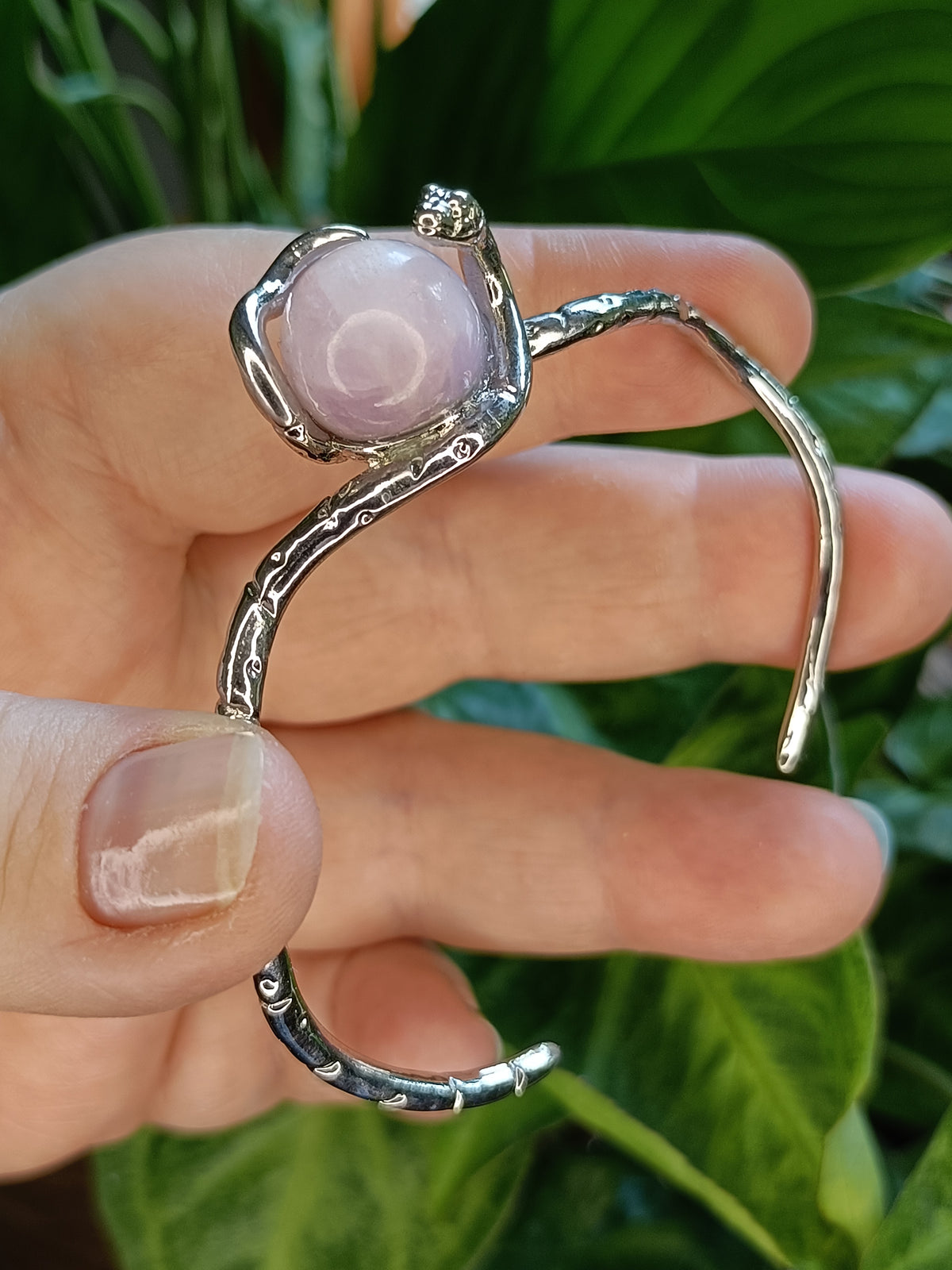 Kunzite Snake Bangle - Silver-Plated Copper