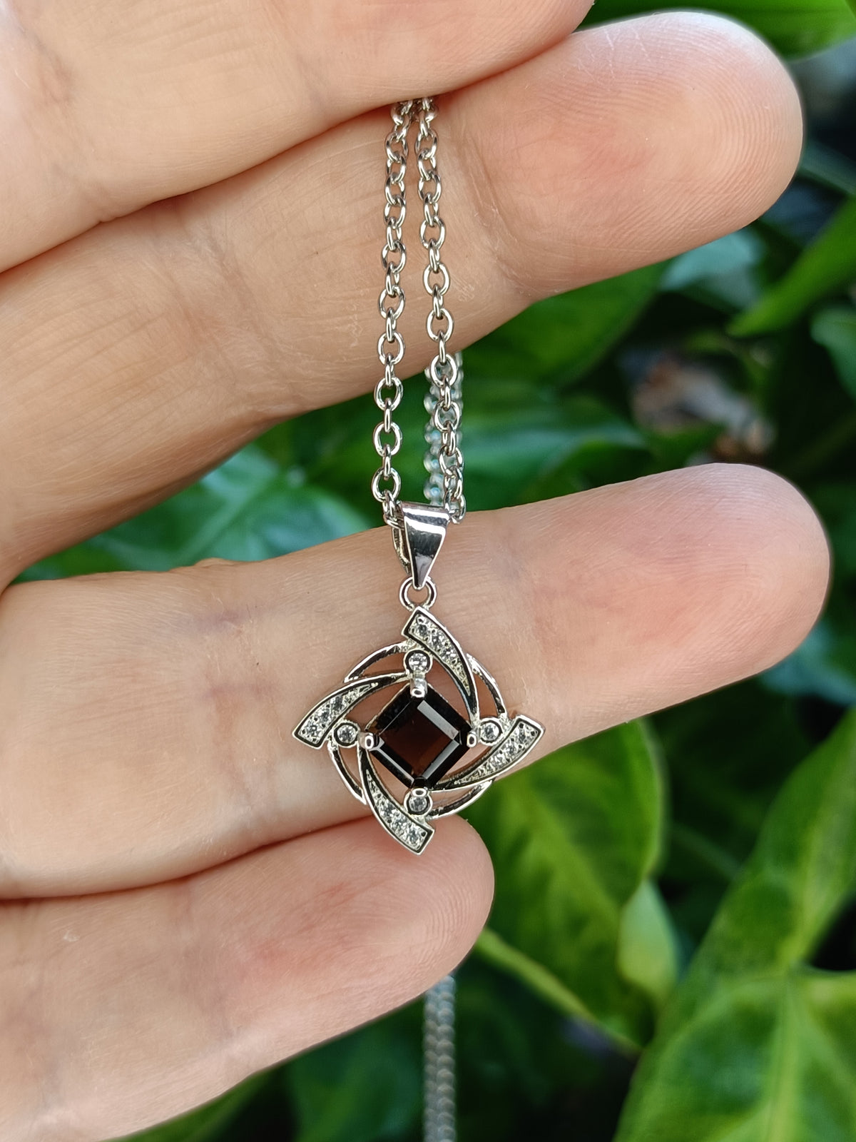 Square cut Smokey Quartz & CZ Pendant Necklace - Silver-Plated Copper