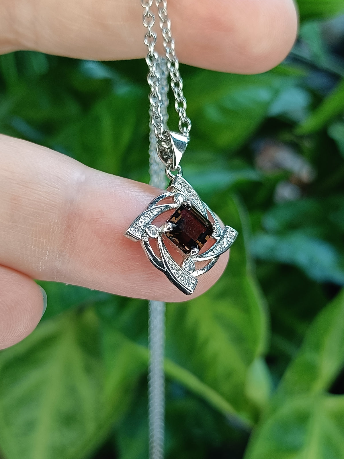 Square cut Smokey Quartz & CZ Pendant Necklace - Silver-Plated Copper